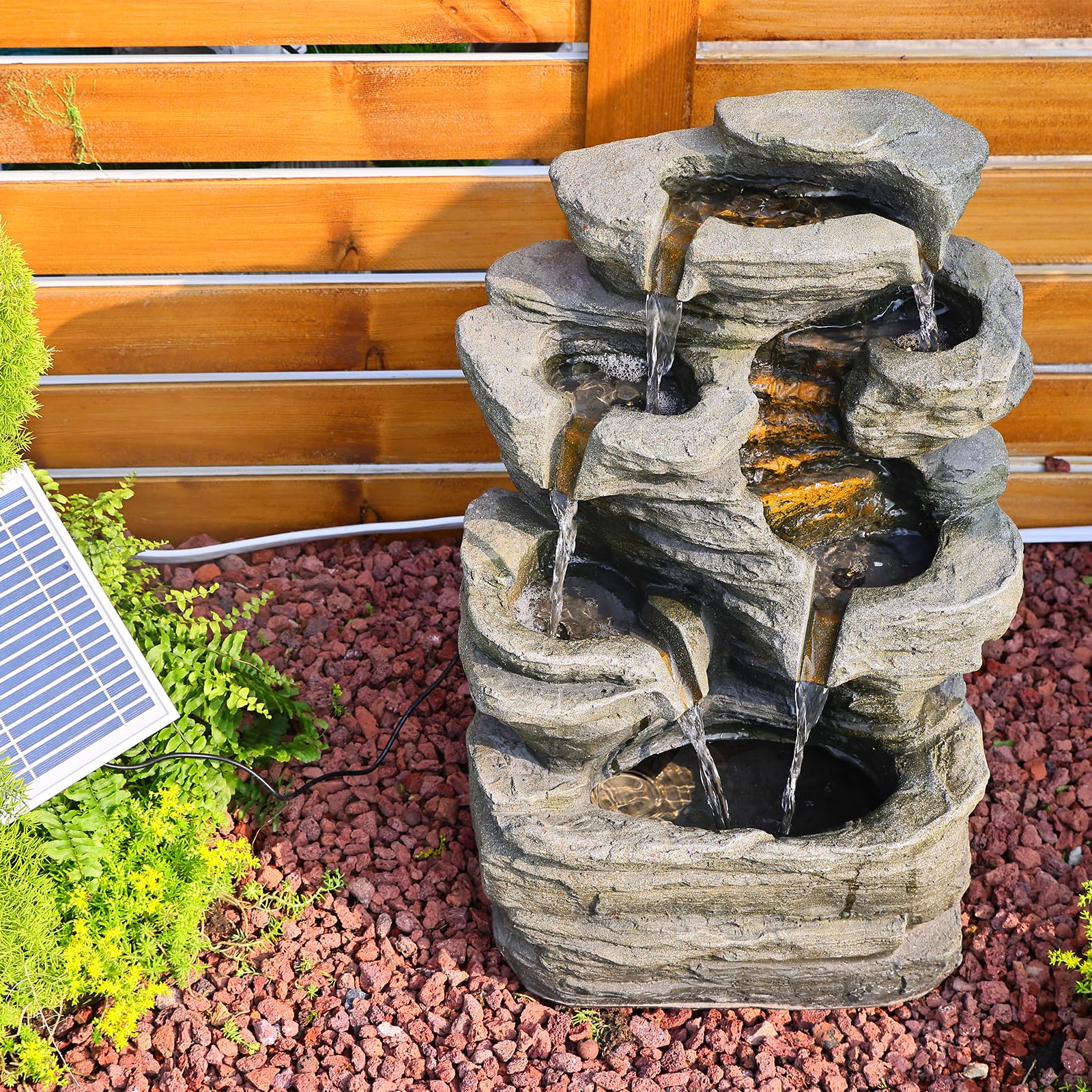 6 Tier Solar Powered Cascading Rock Water Fountain with LED Lights - 24.4