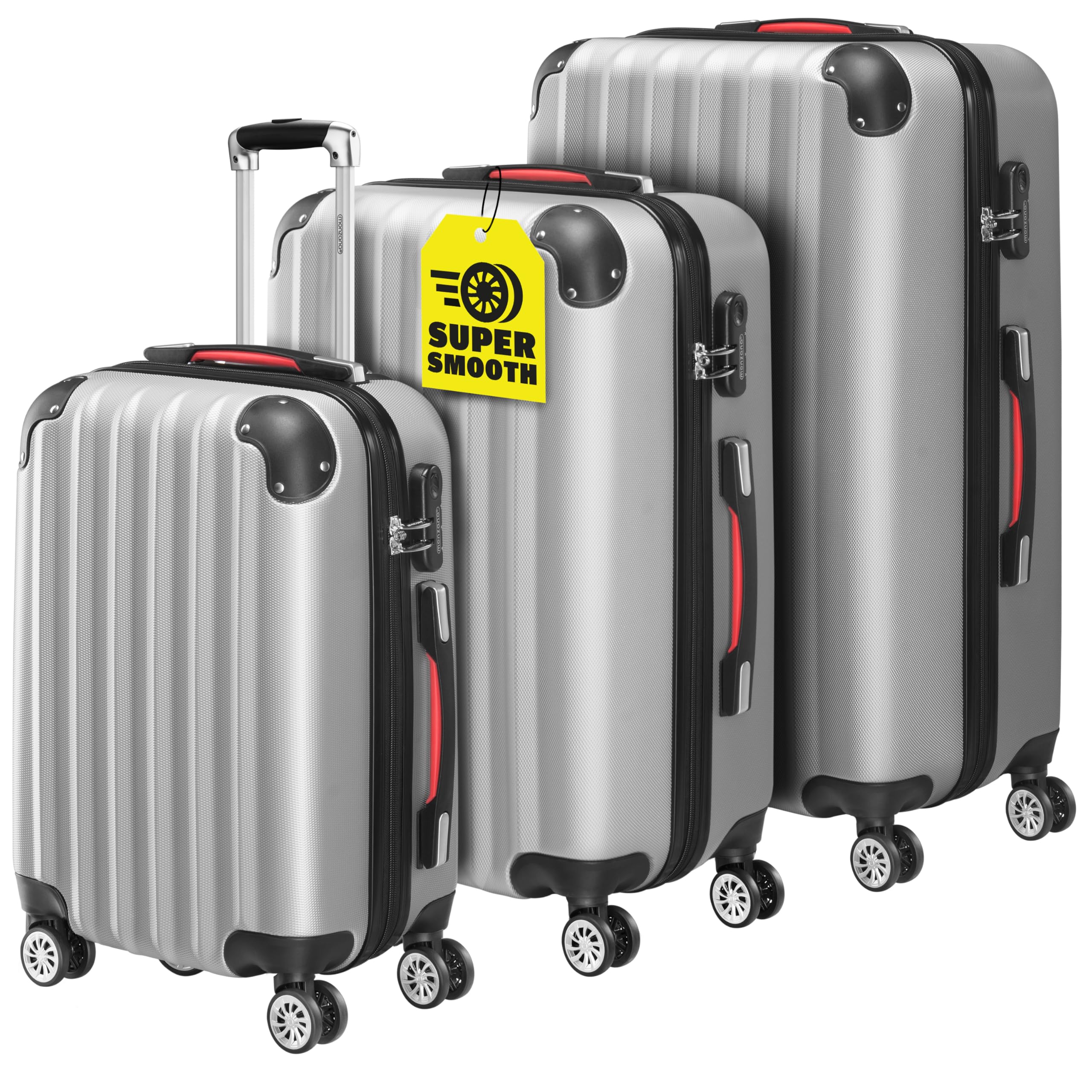 Monzana® 3-Piece ABS Hard Shell Travel Suitcase Set with 4 Spinner Wheels - Scratch Resistant Lightweight Luggage in Silver (Medium, Large, XL) - Perfect for Business Trips, Vacations & Air Travel