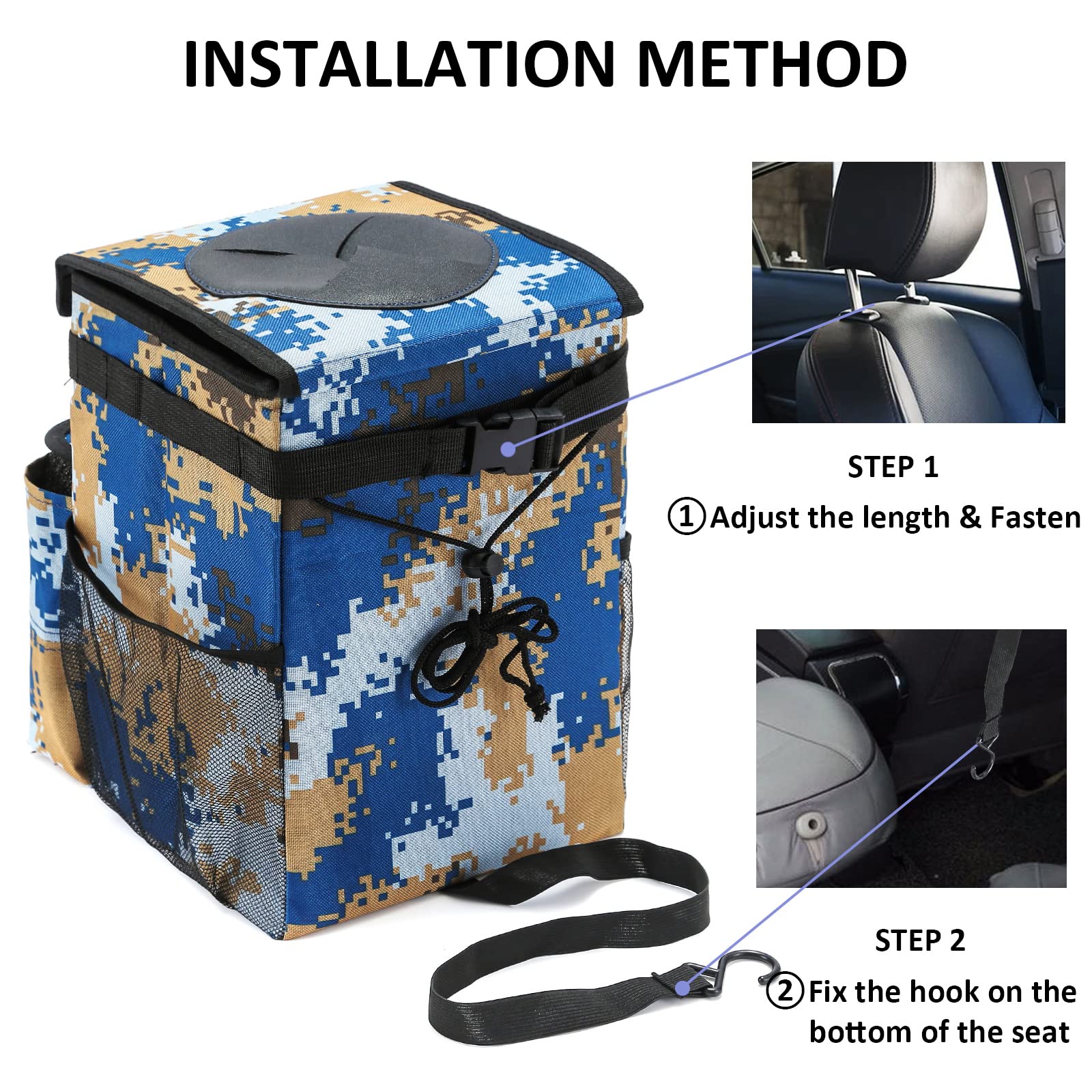 AUTODECO Waterproof Car Trash Can with Lid - 3 Gallon Vehicle Garbage Bin, Camouflage Blue - Perfect for Road Trips, Camping & Daily Commute