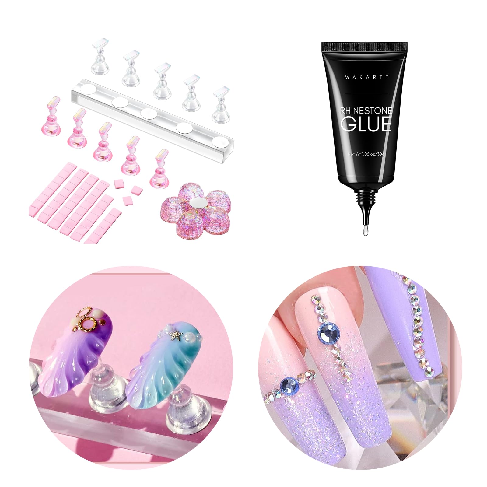 Makartt Acrylic Nail Stand with Rhinestone Glue Gel Kit - Magnetic Nail Tips Practice Holder, Super Strong Gem Glue (1.06oz) for Nail Art, Crystals & Jewels - Perfect for Salon Professionals & DIY Nail Enthusiasts