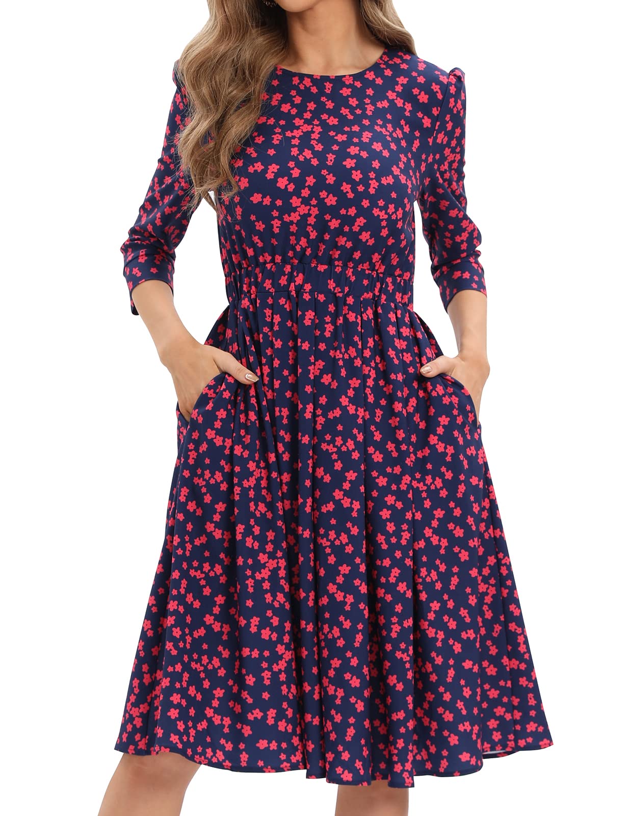 Vintage Floral Midi Dress for Women - Elegant 3/4 Sleeve Evening Gown | Perfect for Cocktail Parties, Date Nights & Special Occasions