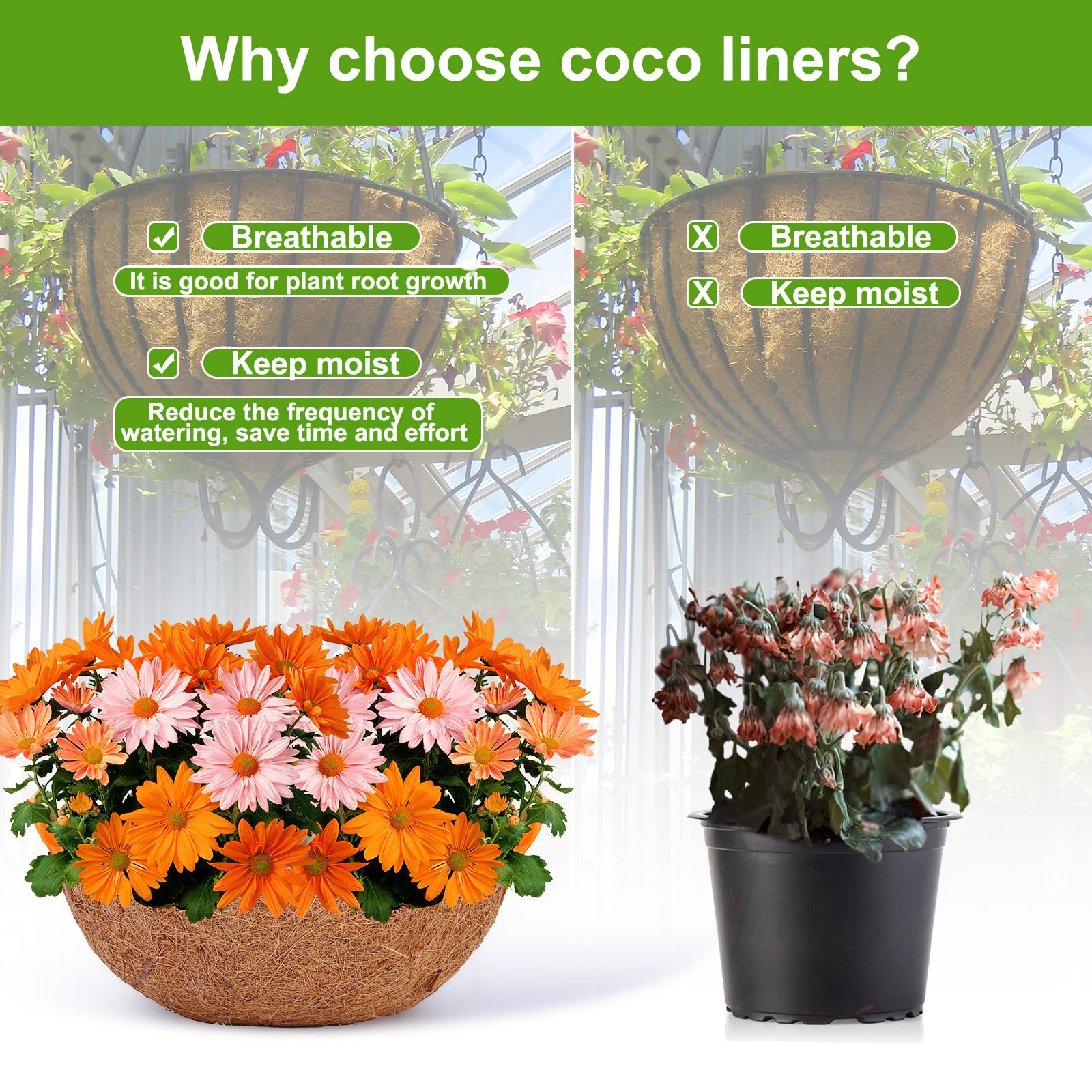 4 Pack 8 Inch Coconut Fiber Planter Liners - Natural Coco Coir Hanging Basket Liners for Wire Baskets, Plant Pots & Flower Containers - Perfect for Indoor/Outdoor Gardening, Balcony Decor & Vertical Planting