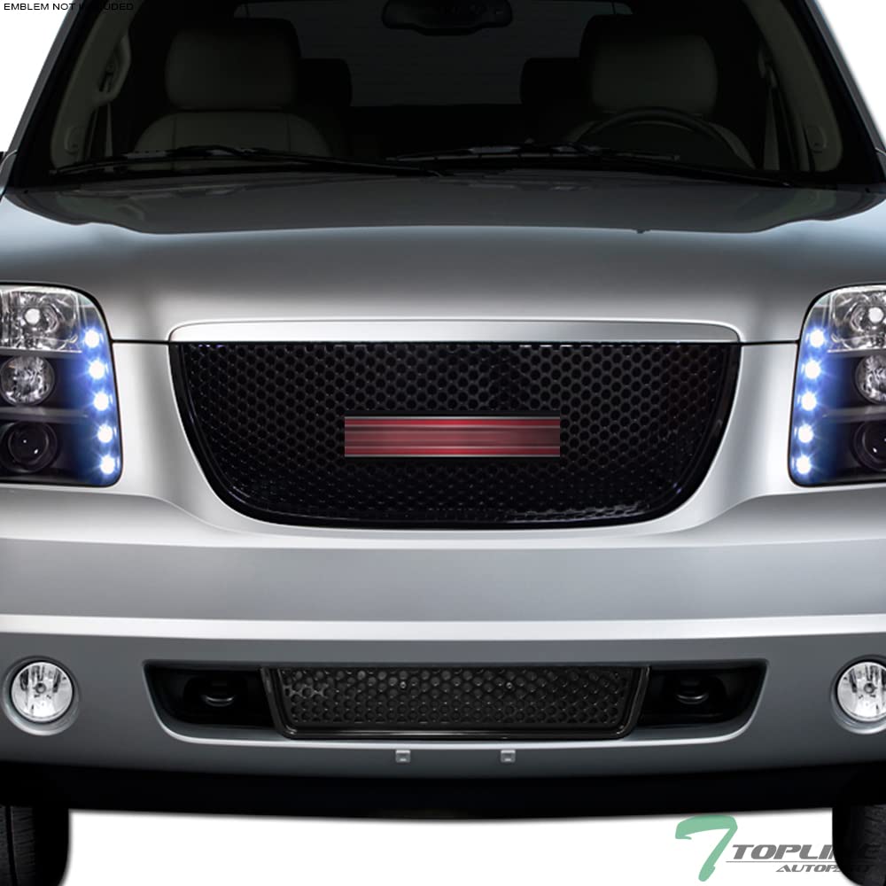 Glossy Black ABS Front Upper Hood Grill & Lower Bumper Grille Guard with Round Hole Mesh Design - Compatible with 2007-2014 GMC Yukon XL Denali | Perfect for Off-Road Protection & Custom Styling