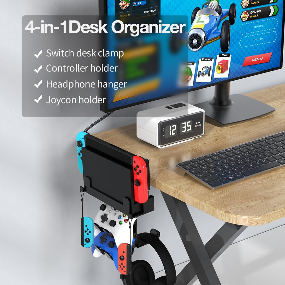 4 in 1 Under Desk Clamp Mount for Nintendo Switch/OLED - 360° Rotatable Headphone Hanger & Controller Holder - Compatible with PS4, PS5, Xbox, PC - Perfect for Gaming Setup & Workspace Organization
