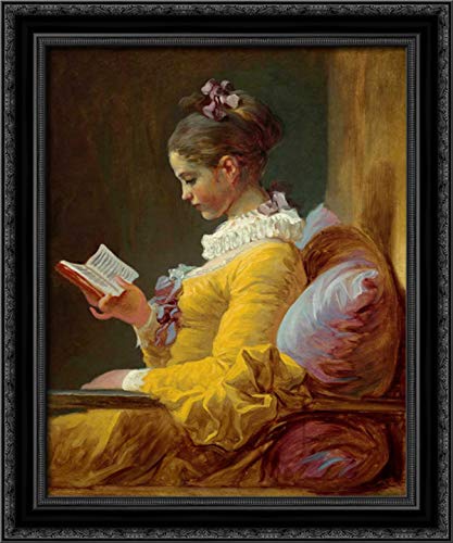 Jean Honore Fragonard 'Young Girl Reading' 28x34 Black Ornate Framed Canvas Art Print - Perfect for Living Room, Bedroom & Office Wall Decor