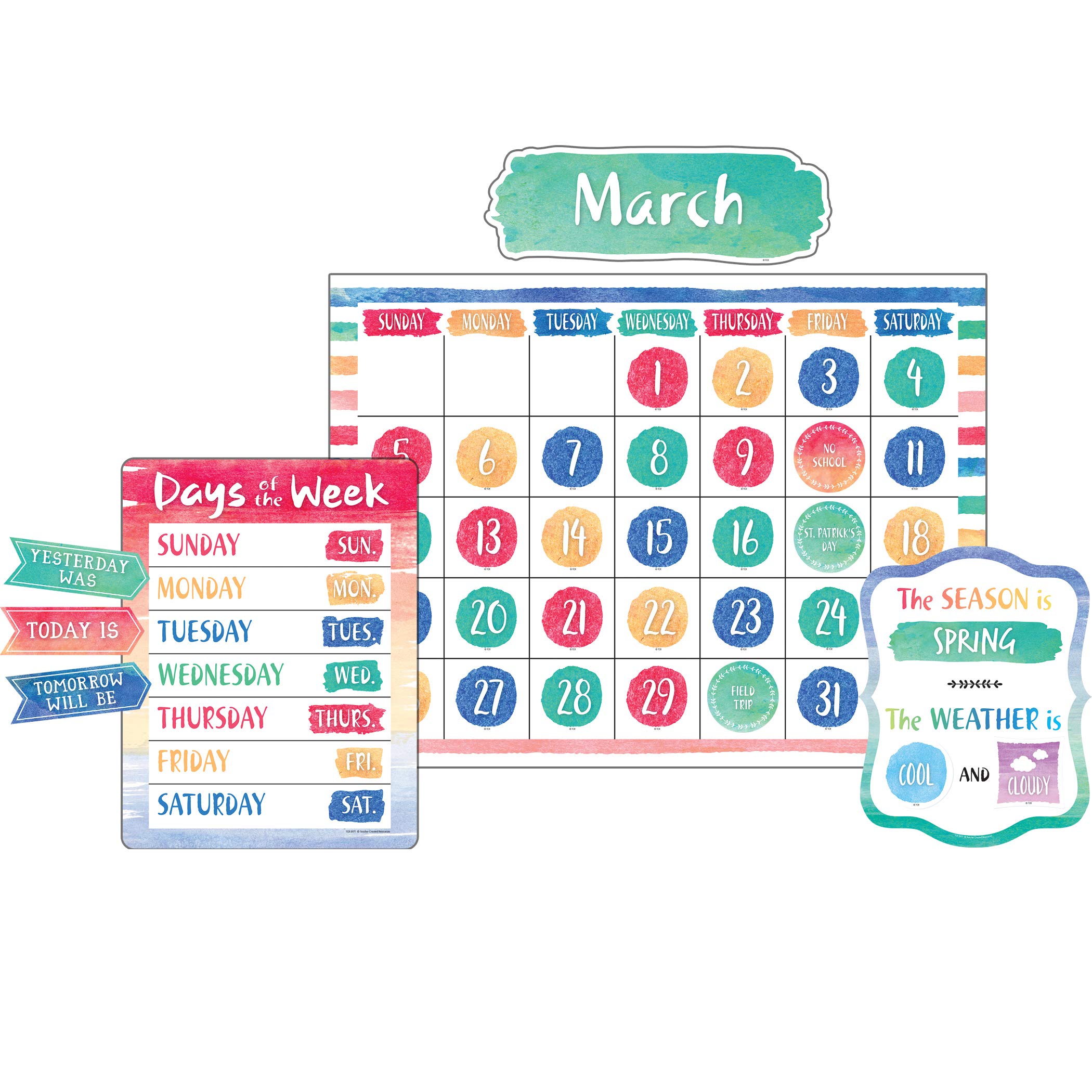 Teacher Created Resources Watercolor Calendar Bulletin Board Set - 8971 | Colorful Classroom Decor for Teachers, Homeschool & School Organization