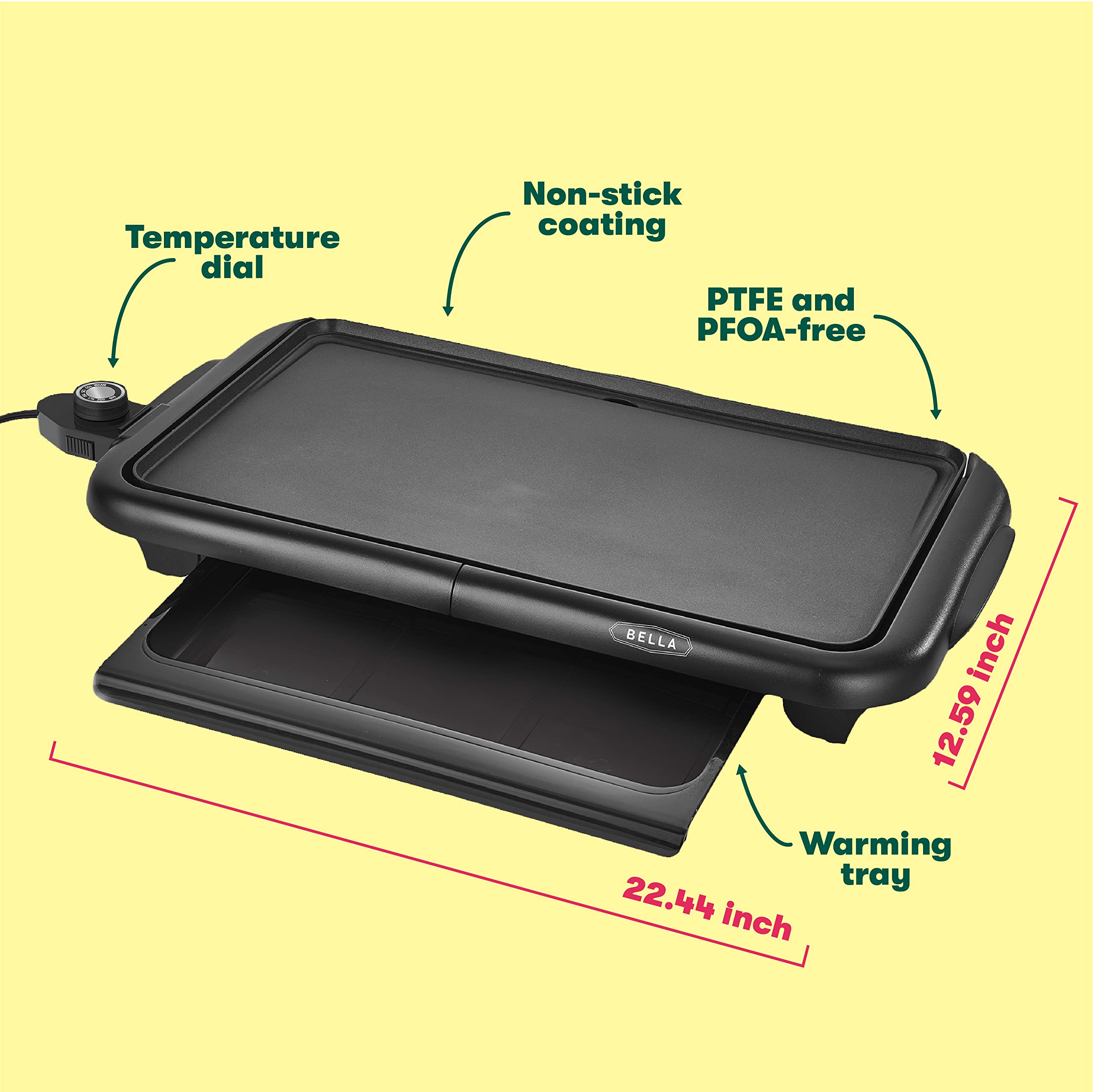 Bella Electric Griddle with Warming Tray - Smokeless Indoor Grill with Nonstick Surface, Adjustable Temperature & Cool-Touch Handles, 10