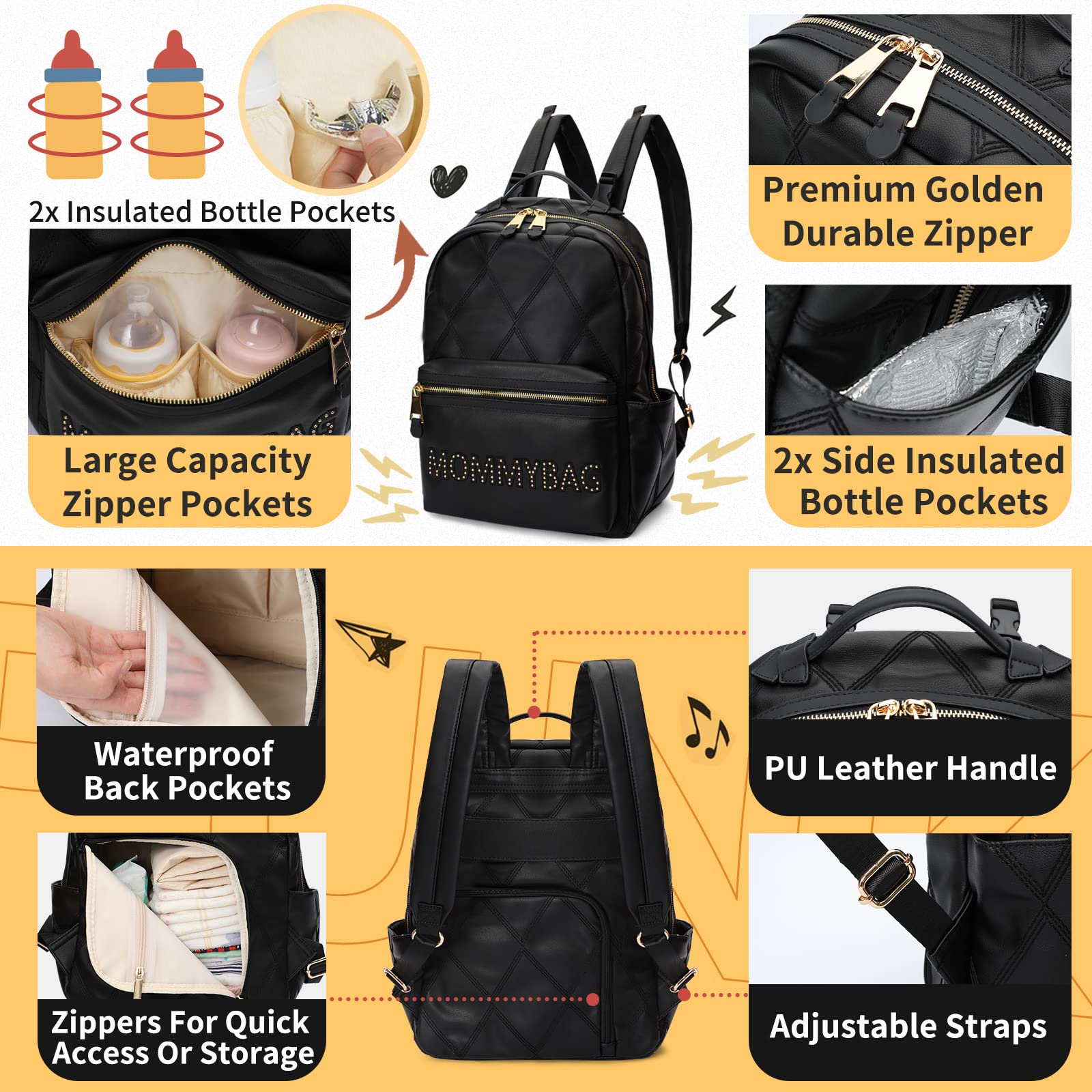 Premium Leather Diaper Backpack for Moms - Large Capacity Baby Bag with Changing Pad, Organizer, Stroller Straps & Insulated Pockets | Perfect for Travel, Daycare & On-the-Go Parenting (Black)