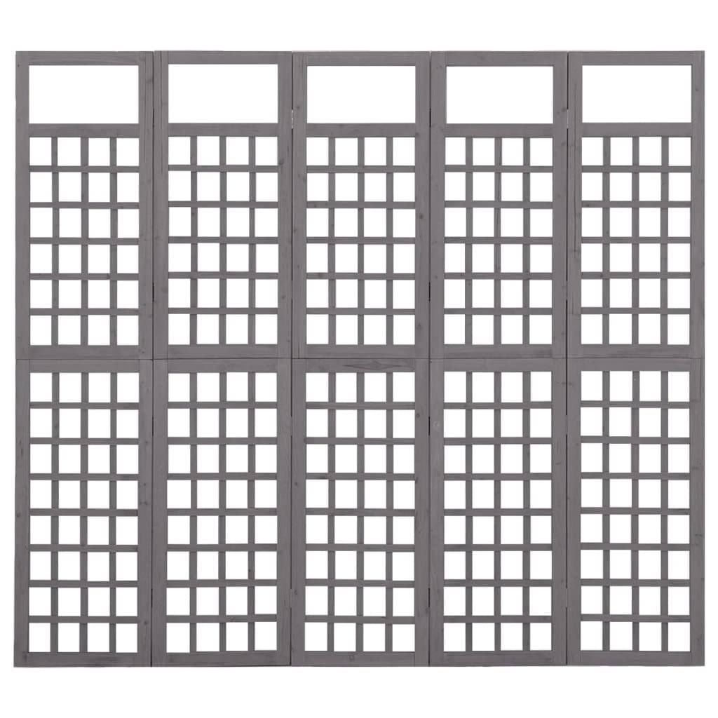 CHARMMA 5-Panel Room Divider with Trellis Design - Solid Fir Wood Screen in Gray (79.3