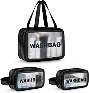 Waterproof 3-Piece Clear Toiletry Bag Set for Women & Men - Travel Cosmetic Organizer with 3 Sizes for Makeup, Accessories & Essentials | Perfect for Air Travel, Gym, Camping & Daily Use (Black)
