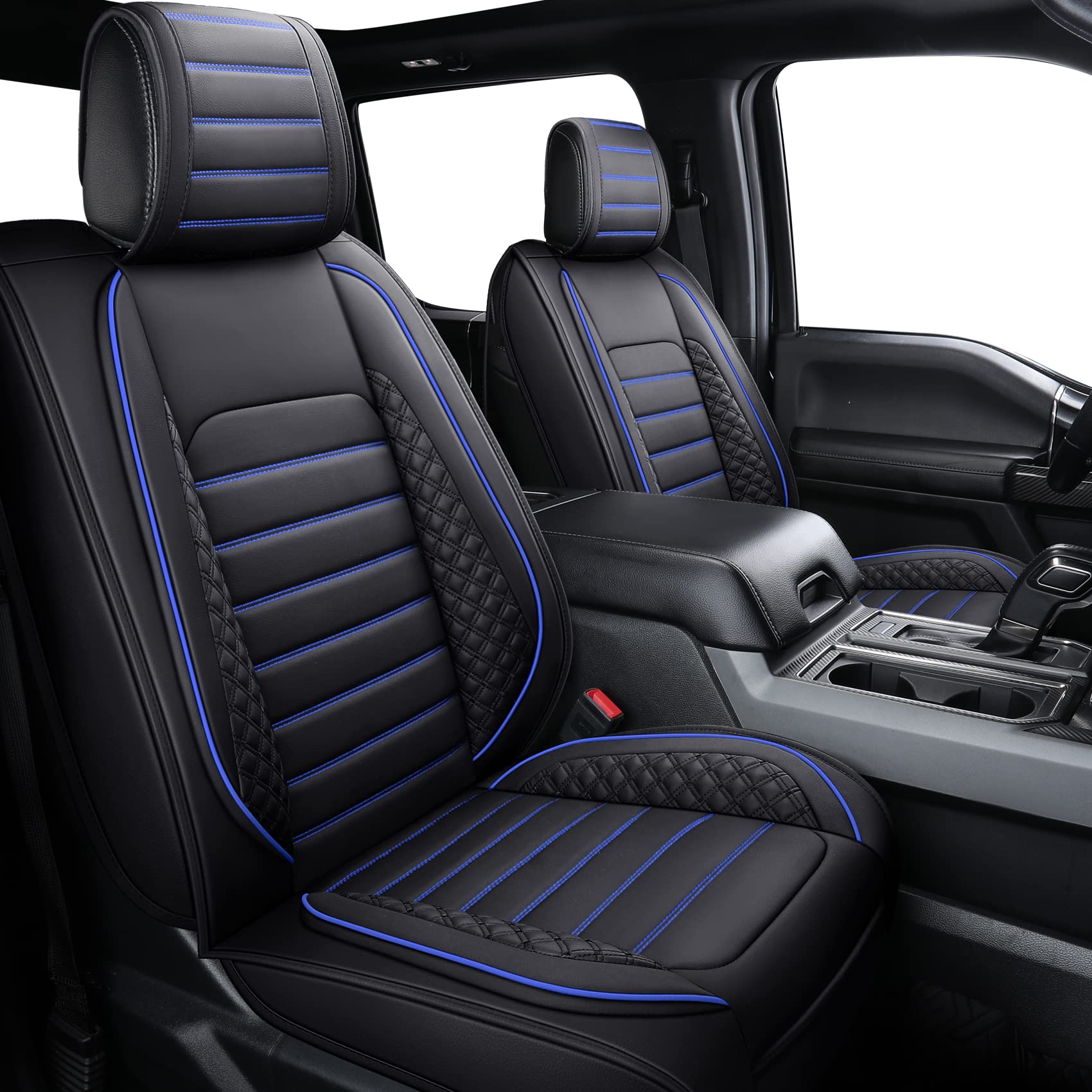 Waterproof Leather Seat Covers for Ford F150 (2009-2025) & F250/F350/F450 (2017-2025) - King Ranch & Limited Edition Pickup Truck Accessories - 2-Piece Front Set in Black & Blue - Durable Cushion Protectors for Off-Roading, Work Commutes & Family Road Trips