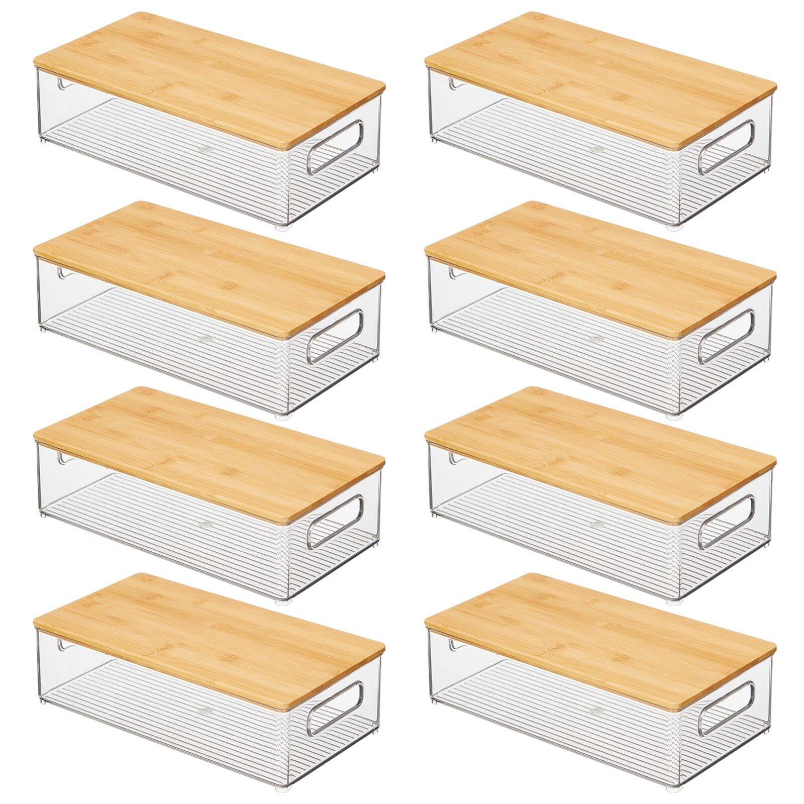 mDesign Plastic Stackable Kitchen Pantry Cabinet Organizer - 8-Pack Clear/Natural Food Storage Bins with Built-In Handles & Bamboo Lids - Perfect for Fruits, Jars, Snacks, Pasta Organization - Ideal for Pantry, Kitchen Countertop, and Cabinet Storage Solutions