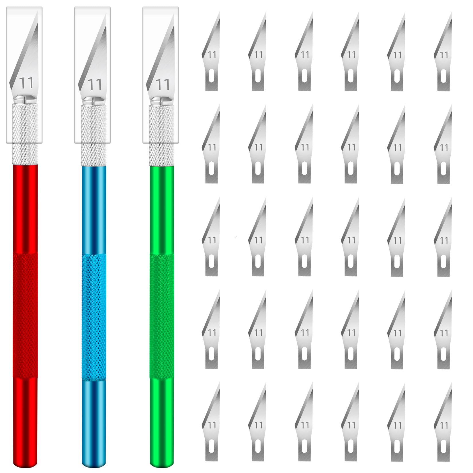 Precision Craft Knife Set - 3 Exacto Knives with 30 #11 Blades for Arts, Crafts, Modeling & Scrapbooking | Hobby Knife for Detailed Cutting, DIY Projects & Professional Use (Red, Green, Blue)