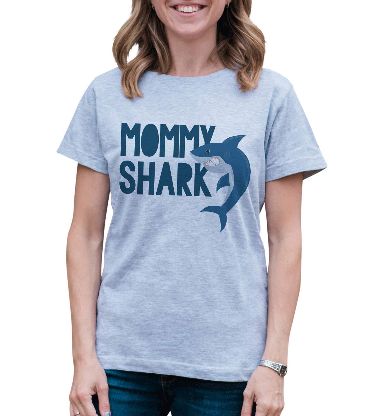 7 ate 9 Apparel Women's Mommy Shark Graphic T-Shirt - Soft Cotton Funny Mom Tee for Casual Wear, Mother's Day Gifts & Family Outfits