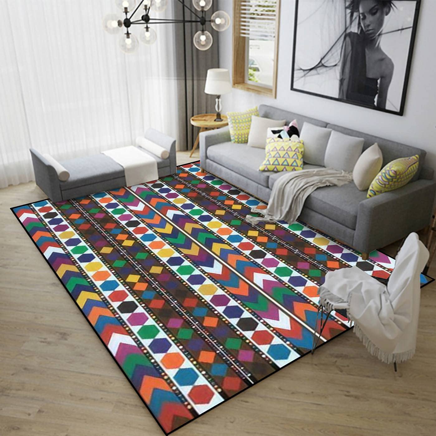 Non-Slip Area Rug with Traditional Ajrak Shawl Design - Indoor/Outdoor Floor Mat for Living Room, Bedroom, Kids Room, Yoga, Patio & Home Decor - Durable Carpet Runner & Doormat