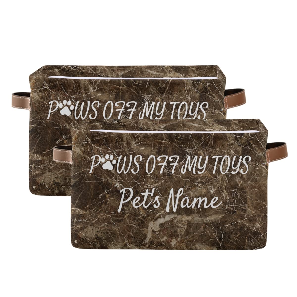 Personalized Brown Marble Dog Toy Basket - Custom Monogram Pet Storage Bin Set of 2 | Perfect for Organizing Dog Toys in Living Room or Bedroom