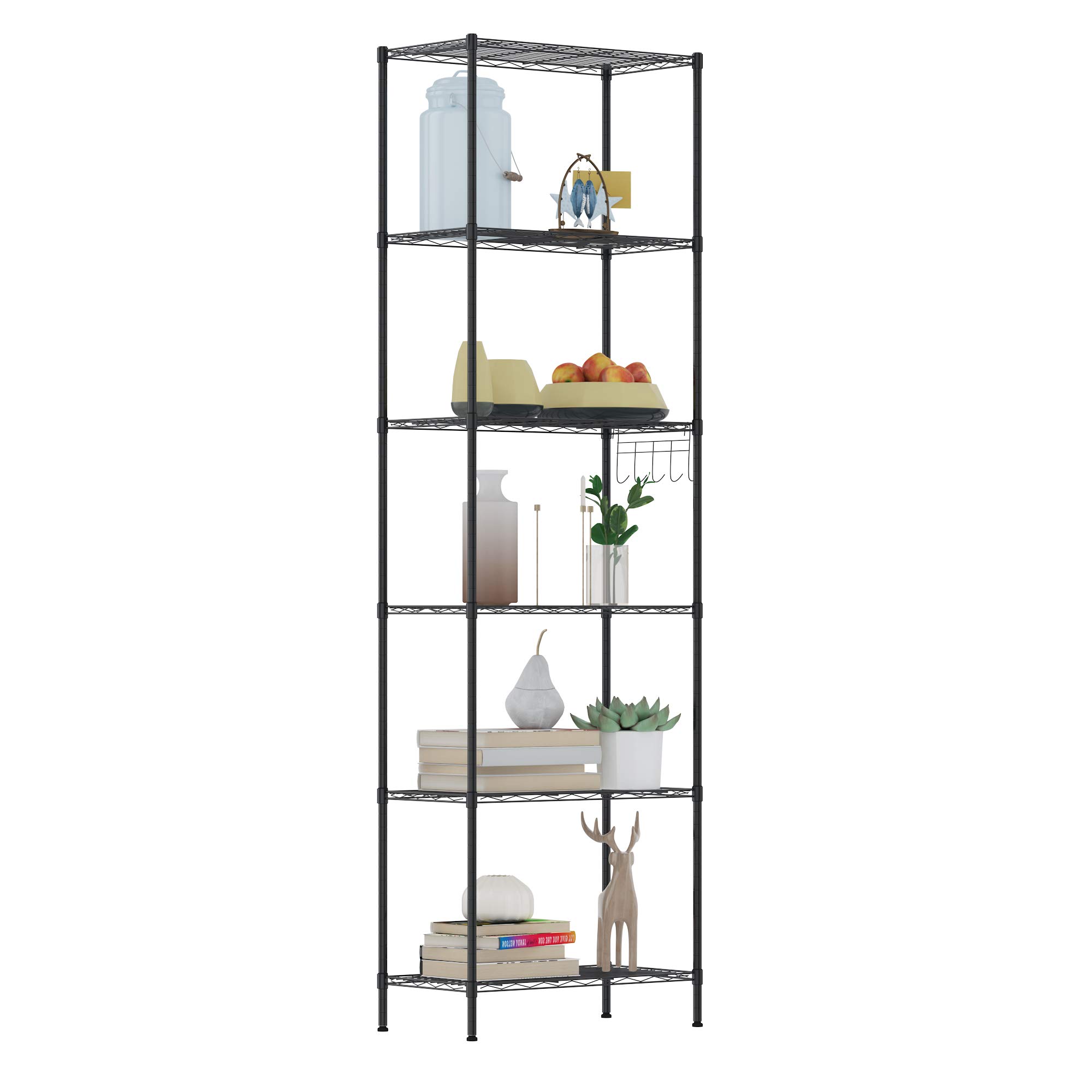 Anfan 6-Tier Heavy Duty Metal Wire Shelving Unit - Adjustable Leveling Feet & Side Hooks - Black Storage Shelves for Kitchen, Garage, Office Organization - Perfect for Pantry Storage, Workshop Tools & Home Organization