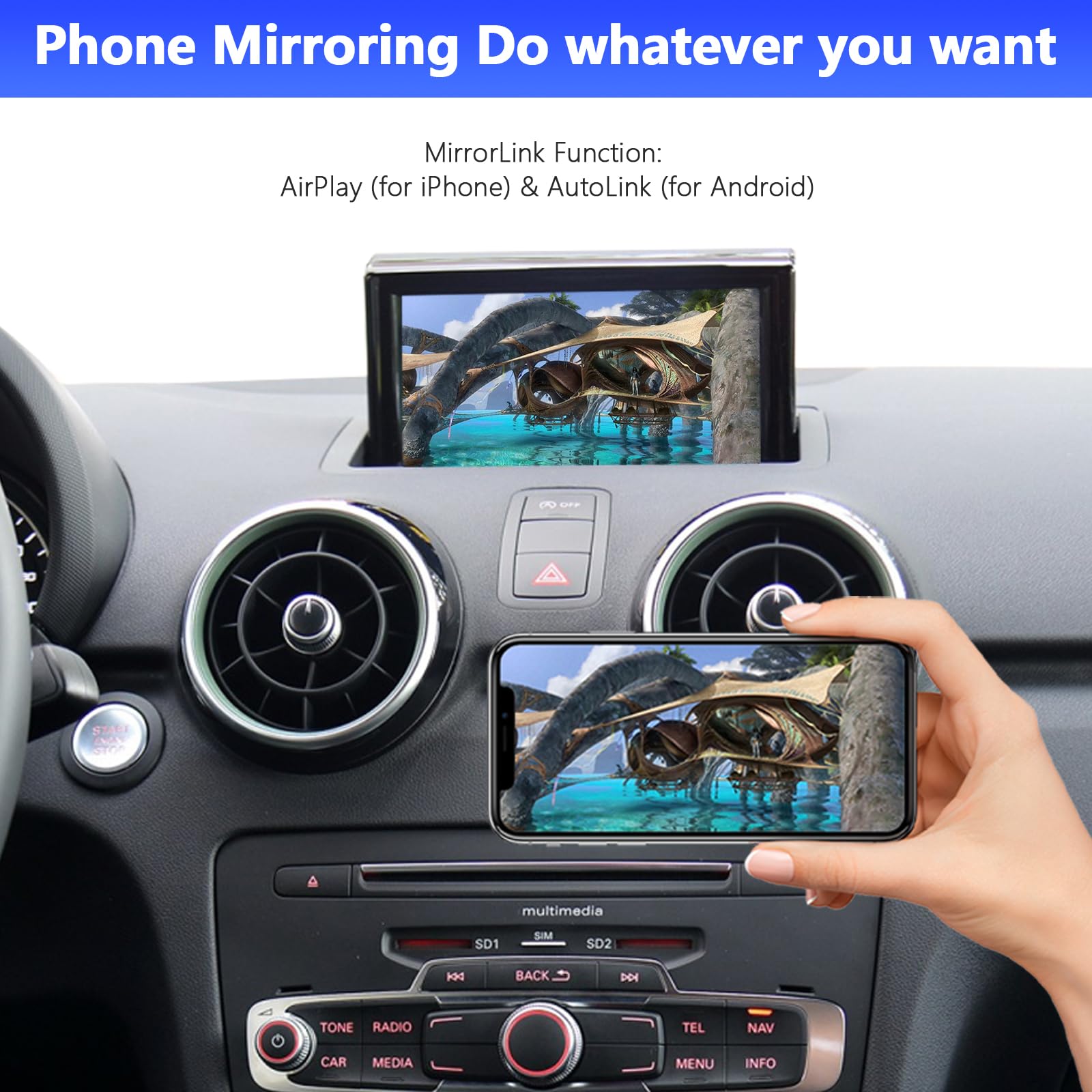 Road Top Wireless CarPlay & Android Auto Retrofit Kit for Audi A1 (2013-2018) with RMC System - Supports Navigation, MirrorLink, Rear Camera & Siri Voice Control | Plug & Play Upgrade for Seamless Smartphone Integration & Safer Driving
