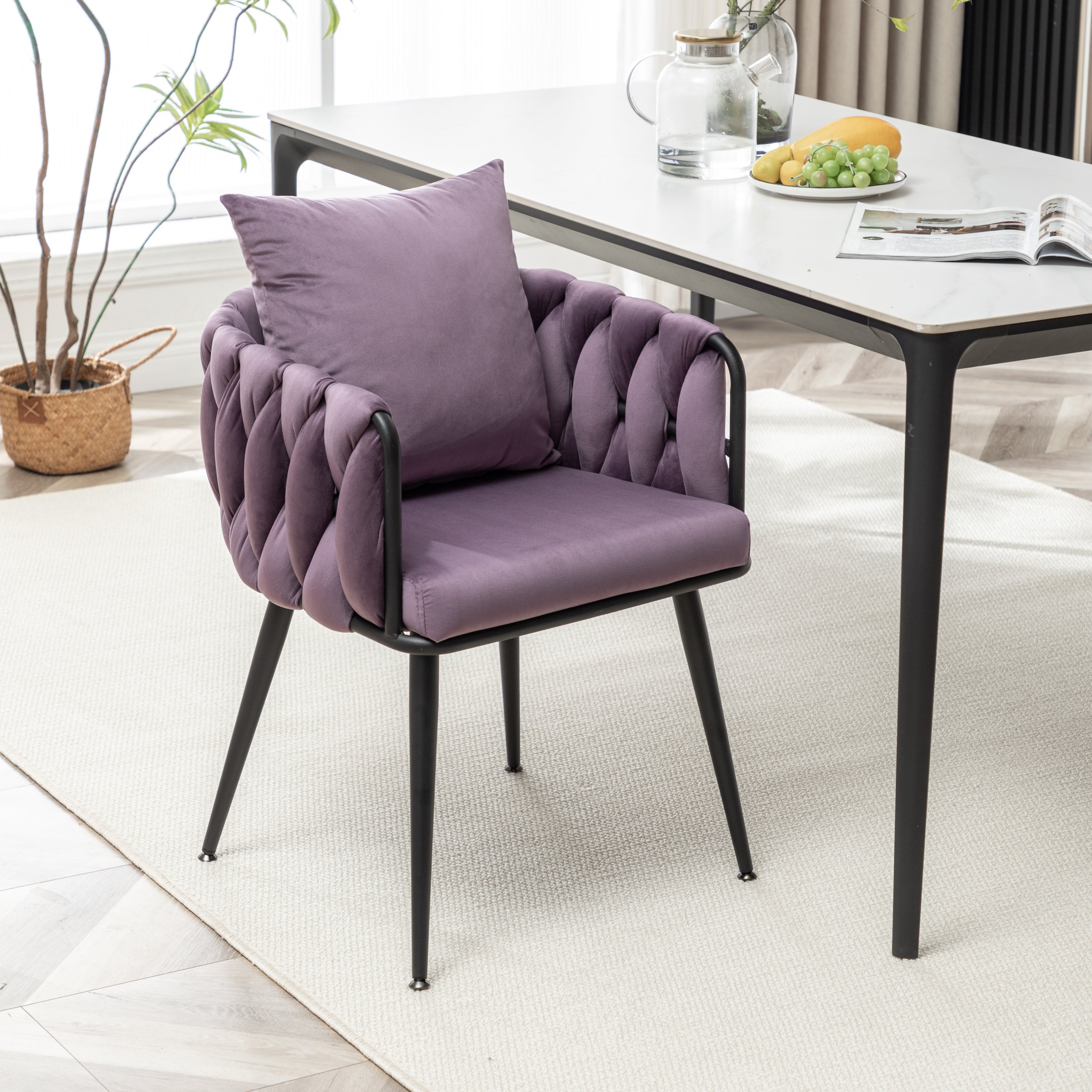 Dark Purple Velvet Dining Chairs Set of 2 - Modern Hand-Woven Upholstered Accent Chairs with Black Metal Legs for Living Room, Kitchen, Dining Room & Vanity - Perfect for Entertaining, Relaxing & Home Decor