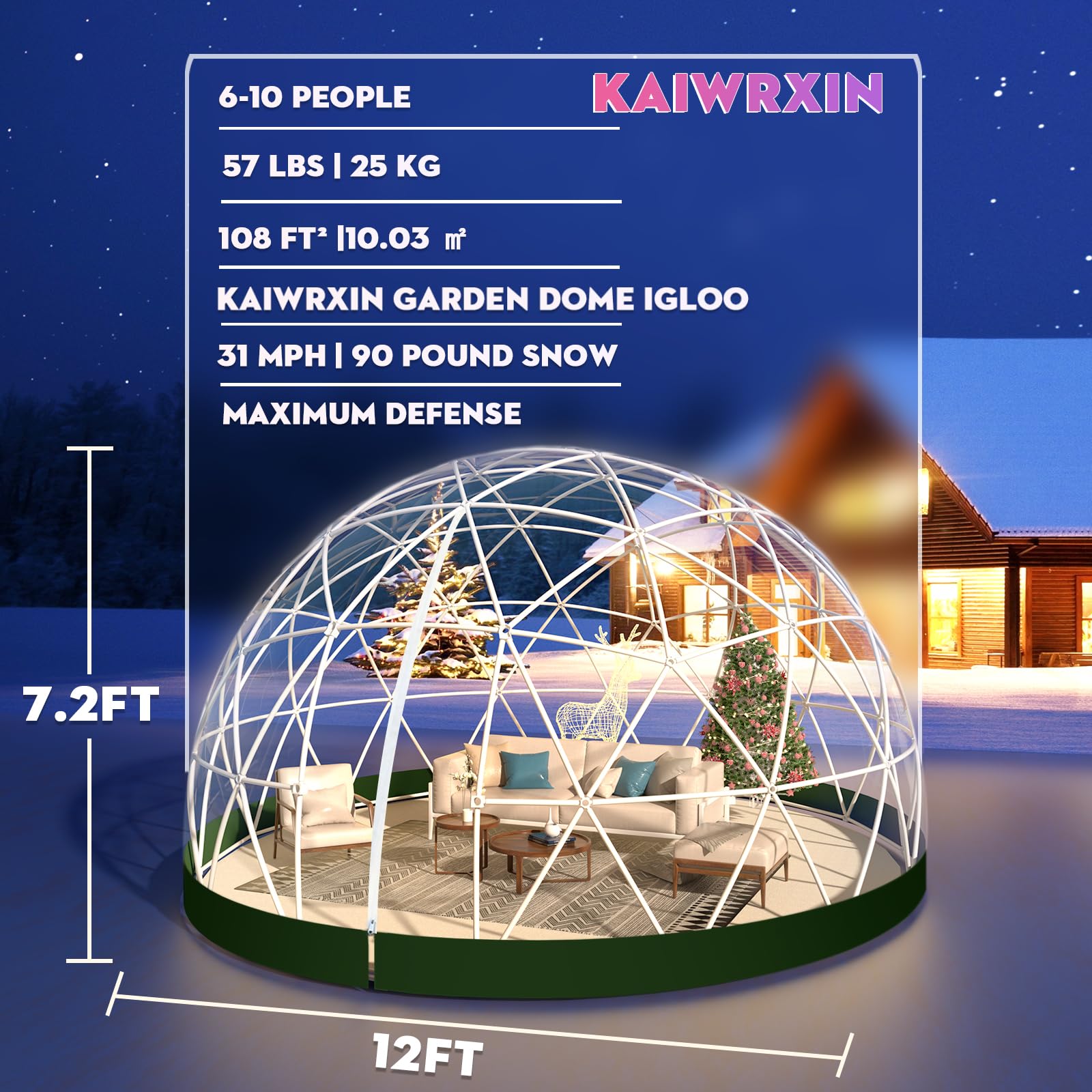 12FT Geodesic Dome Greenhouse Kit - Weatherproof Outdoor Garden Igloo with Clear PVC Cover & 2x10M LED String Lights - Perfect for Backyard Parties, Patio Gatherings & Year-Round Plant Growing (Green)