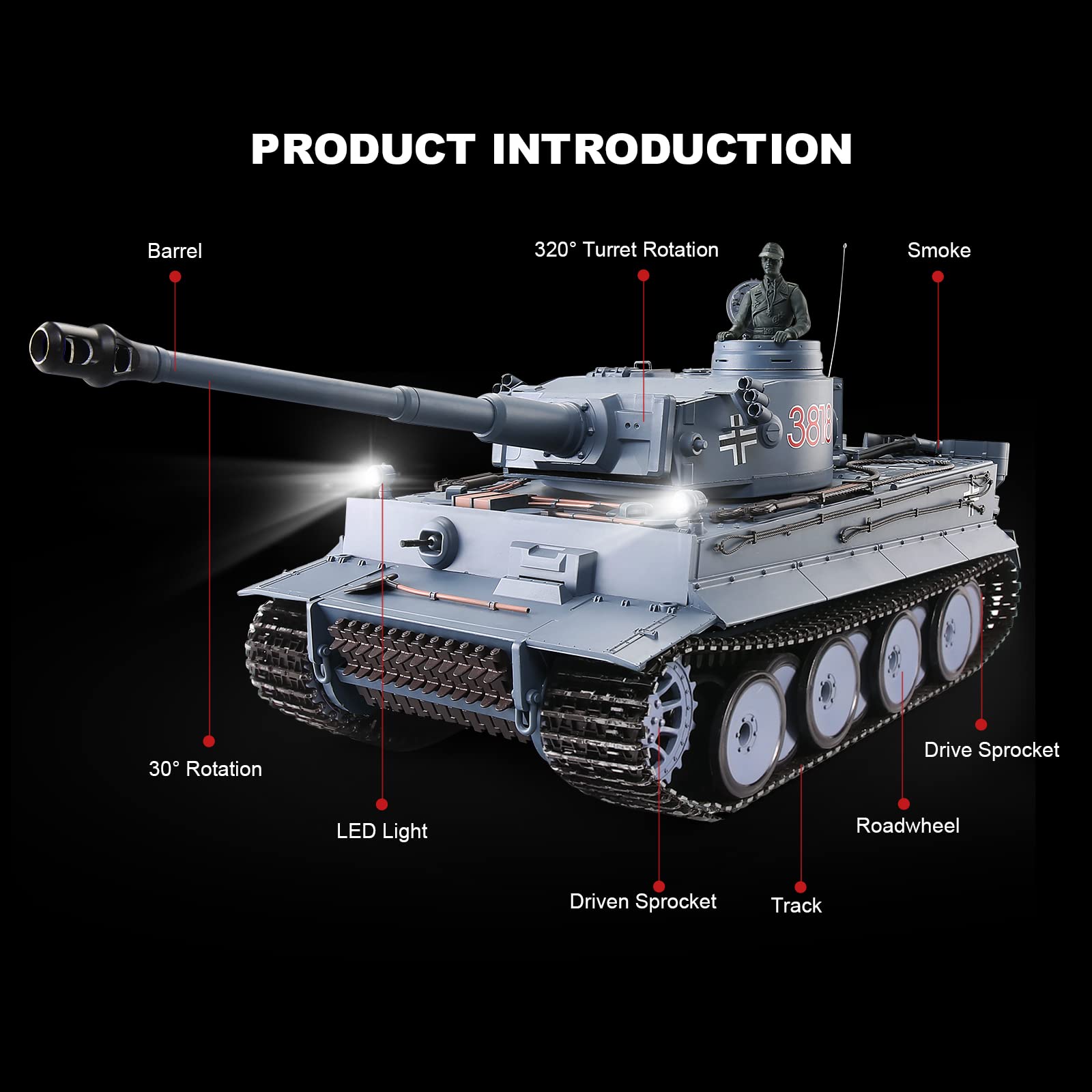 Heng Long 1:16 Scale German Tiger I Gray RC Tank - 2.4GHz Remote Control Military Vehicle with 320° Rotating Turret - Collectible Model Tank for Adults & Teens 14+ | Perfect for Military Enthusiasts, Collectors, and Battle Simulation Play