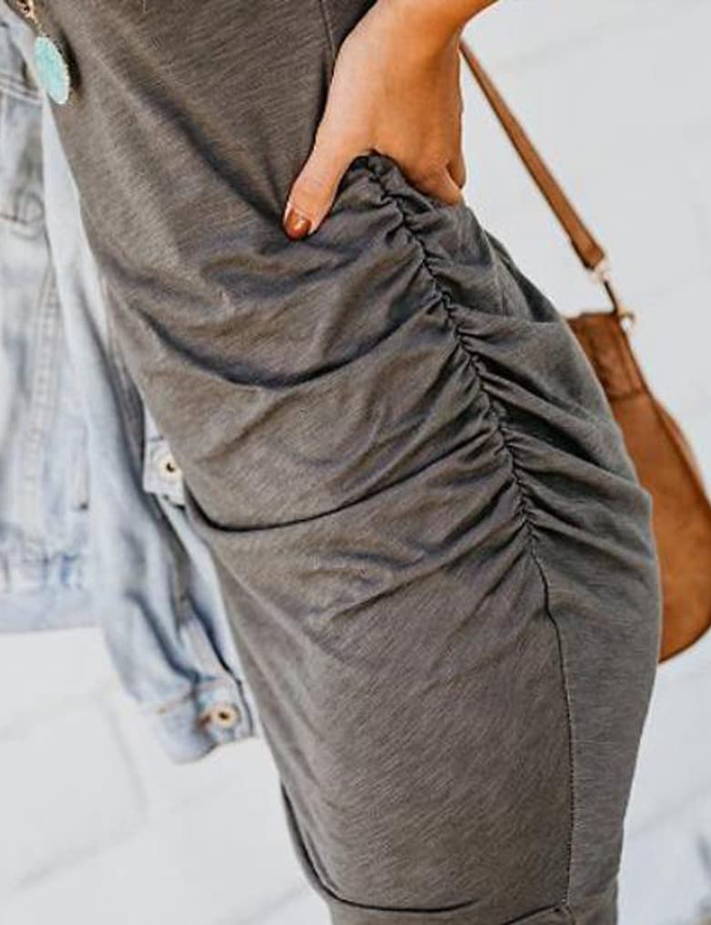 Women's Summer Casual Crew Neck Ruched Stretchy Mini Dress - Flattering Bodycon T-Shirt Dress with Tulip Hem | Perfect for Beach Vacations, Date Nights & Summer Parties