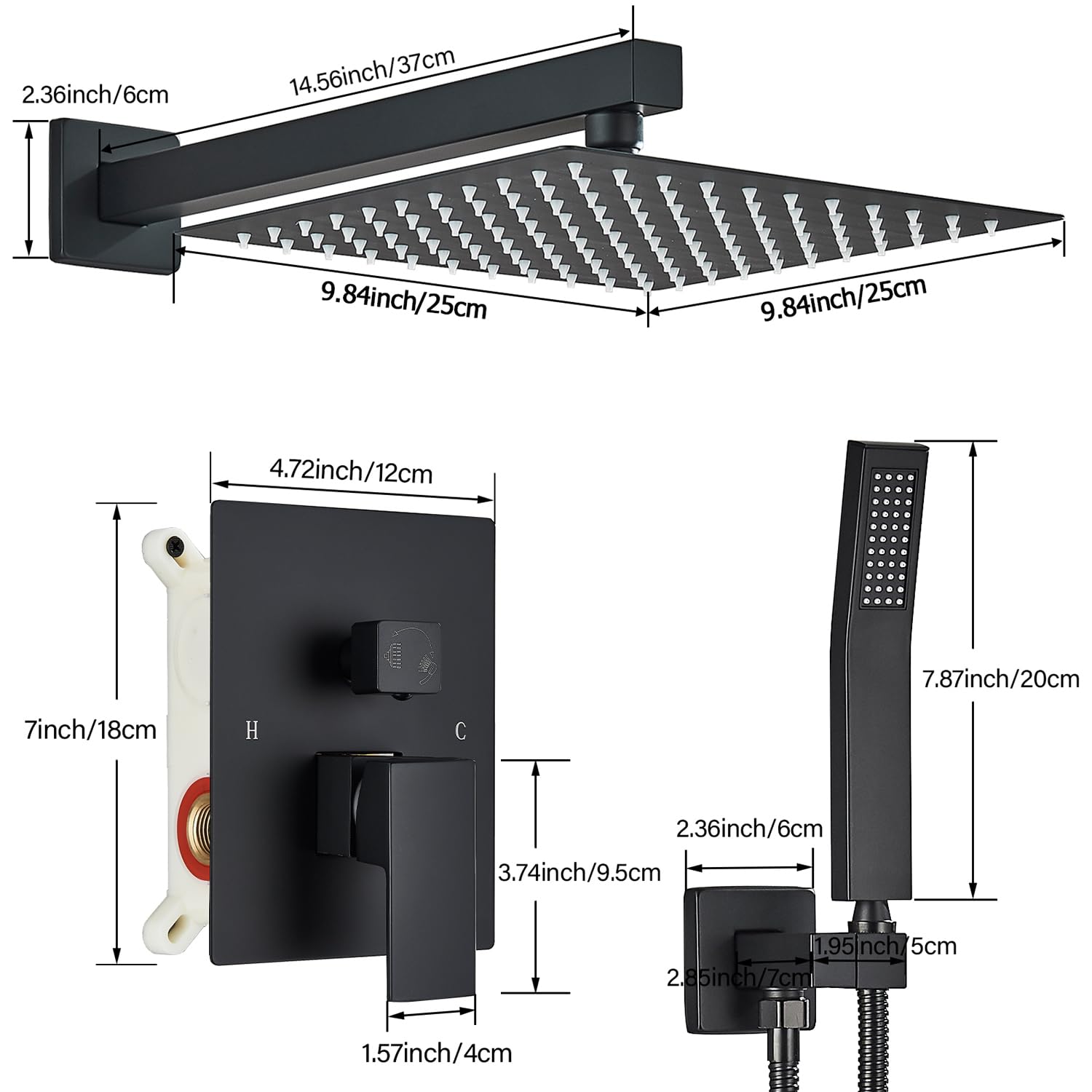 Votamuta Matte Black Shower Faucet Set - 10 Inch Rainfall Shower Head with Handheld Spray - Complete Shower System with Rough-in Valve & Trim Kit - Perfect for Modern Bathroom Renovations & Spa-Like Shower Experience