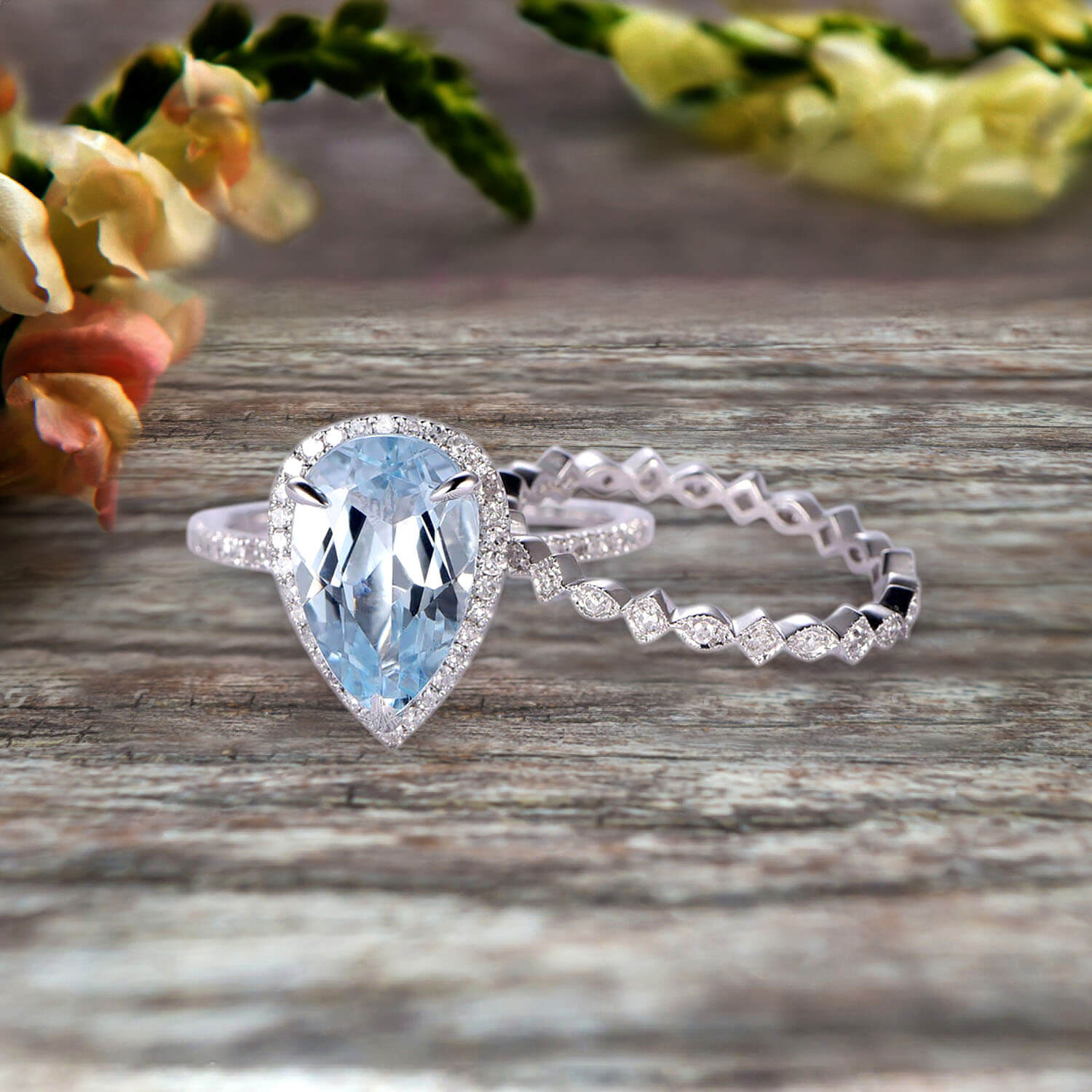 2Pcs Pear Shape 1.75 Carat Aquamarine Wedding Ring Set - 10k White Gold Halo Engagement Rings for Women - Perfect for Proposals, Anniversaries & Bridal Jewelry