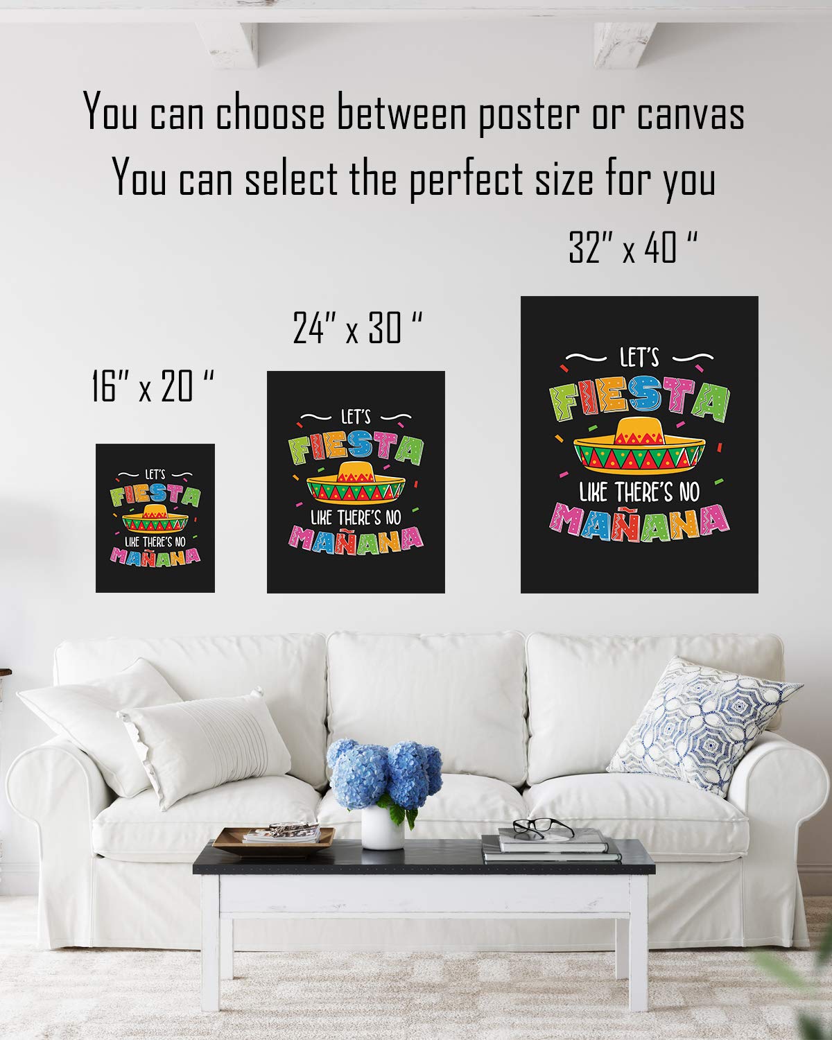 Govivo Let's Fiesta Like There's No Mañana - Black Background Wall Art Print - 24x30 Unframed Canvas Artwork - Perfect for Living Room, Bedroom, Office & Party Decor