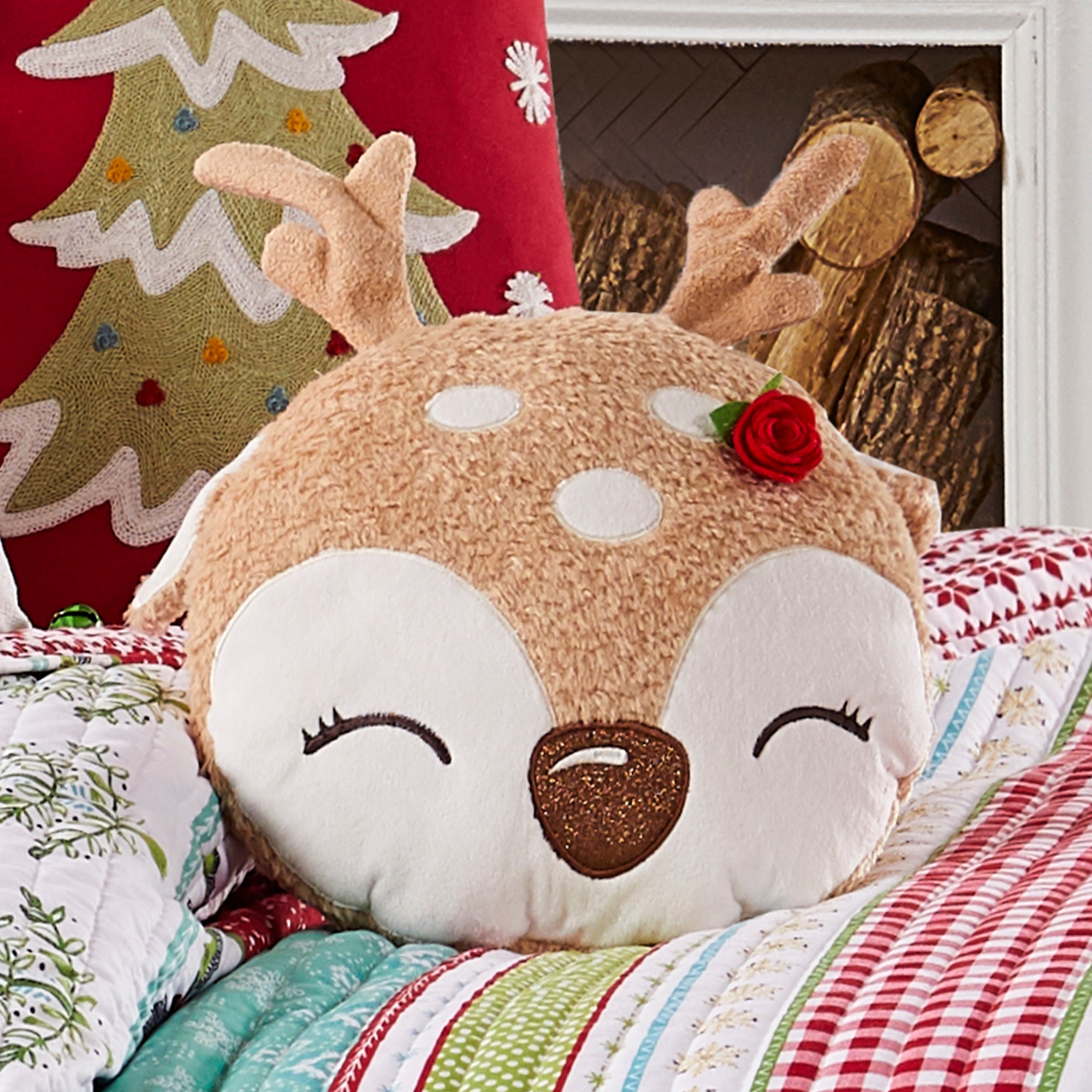 Merry & Bright Comet & Cupid Figural Deer Pillow - Festive Holiday Home Decor for Christmas Sofa, Bed & Couch