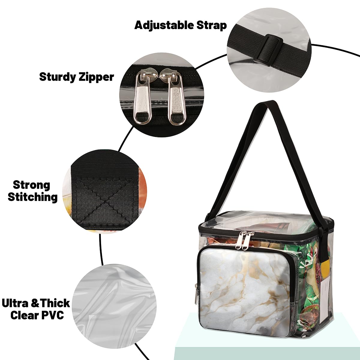 GzLeyigou White Gold Marble Clear Tote Bag with Handles - Transparent Crossbody Shoulder Bag for Women, Art Painting Design Lunch Purse - Perfect for Outdoor Travel, Picnic, Concerts, Sports Events & Stadium Approved (Multi-Use)