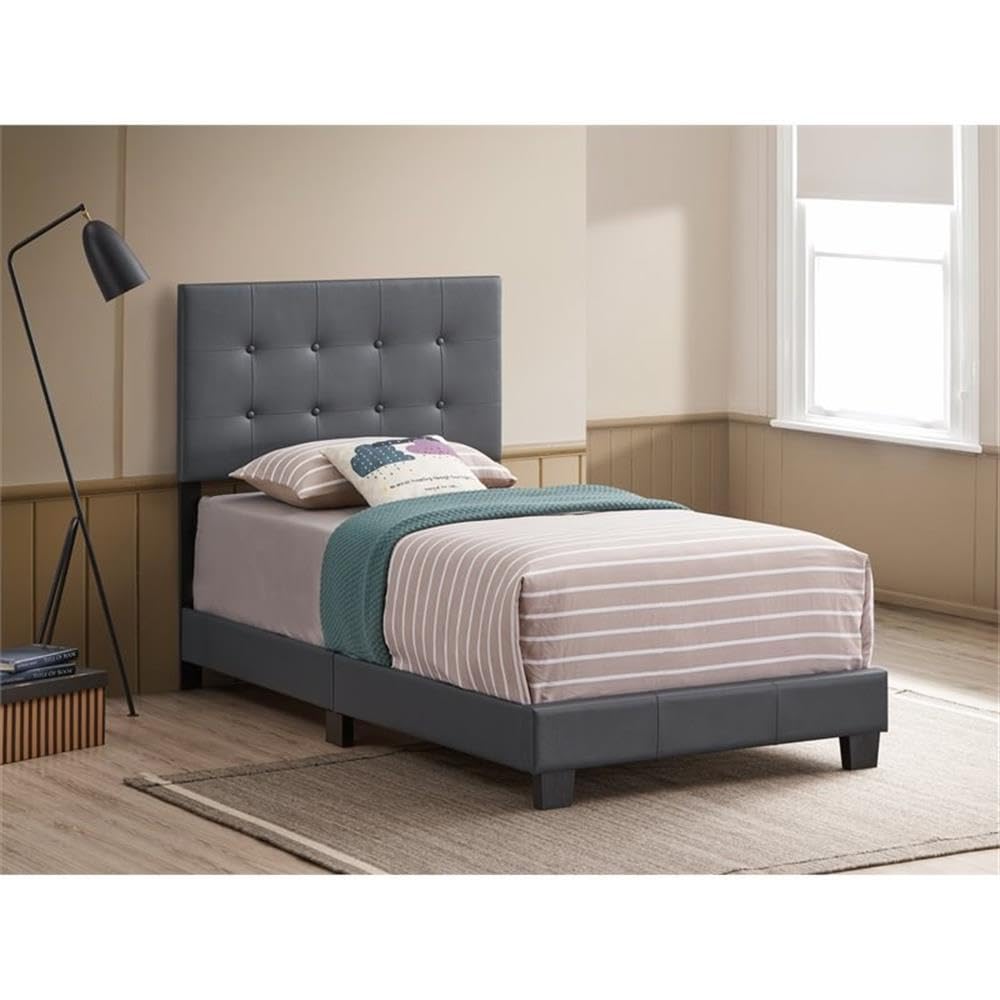 Glory Furniture Caldwell Faux Leather Panel Twin Bed Frame - Gray Upholstered Headboard for Small Space & Guest Room