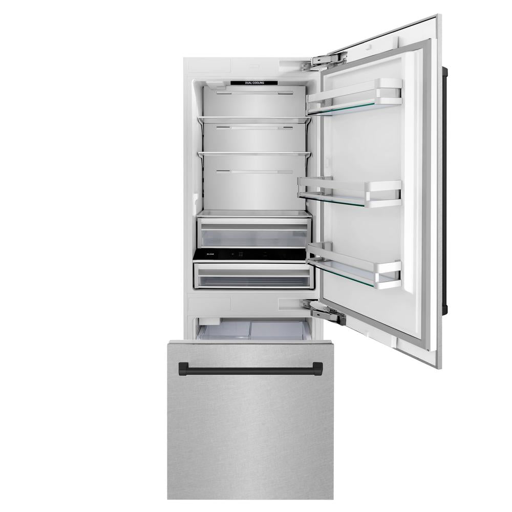 ZLINE Autograph Edition 30-Inch Built-In Bottom Freezer Refrigerator - 16.1 cu.ft Capacity, Water Dispenser & Ice Maker - Satin Stainless Steel with Matte Black Accents (RBIVZ SN 30 MB) - Perfect for Modern Kitchens, Open-Concept Homes & Luxury Appliances Collection