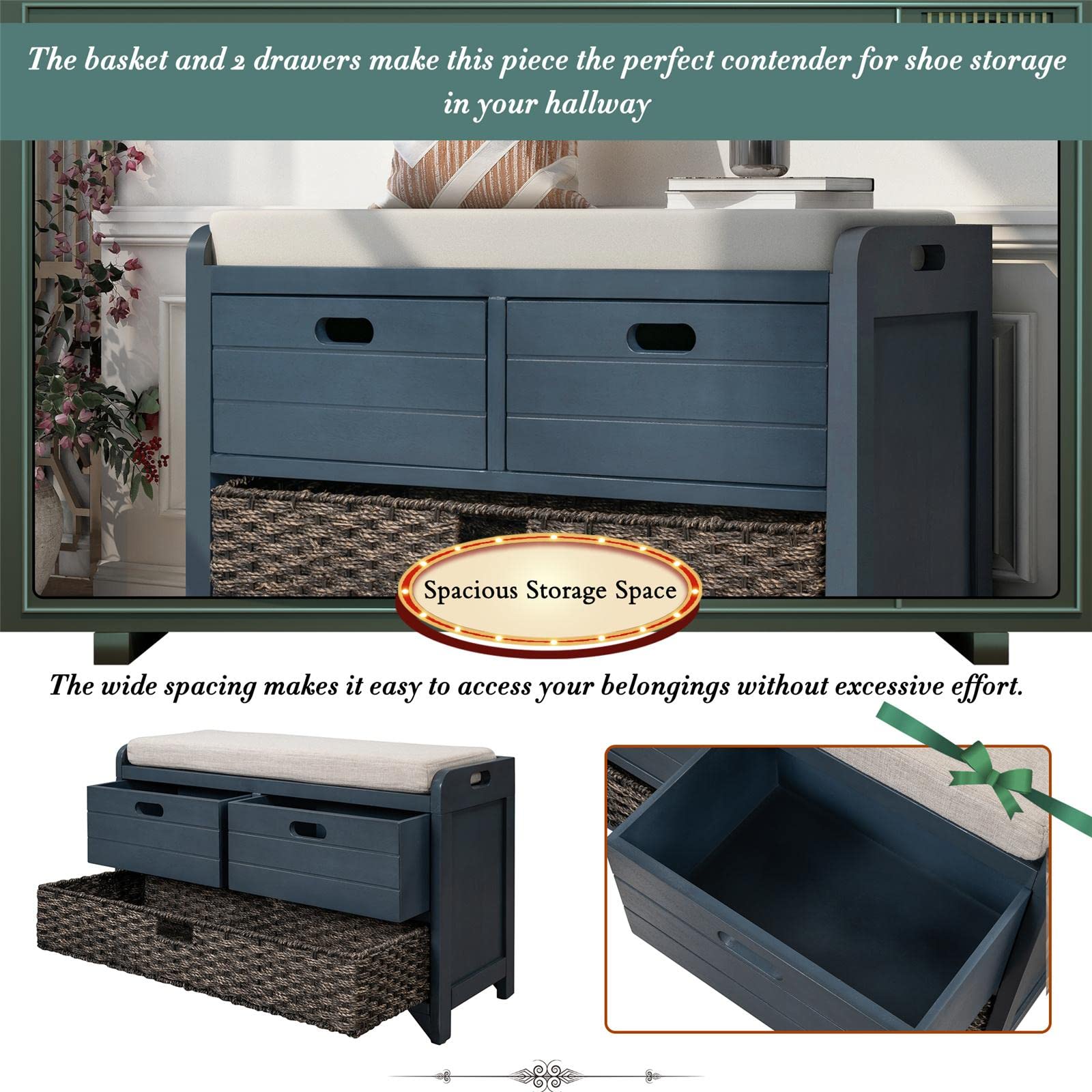JINS&VICO Entryway Storage Bench with Removable Basket & 2 Drawers - Shoe Bench with Cushion for Hallway, Living Room - Fully Assembled Navy Blue Organizer for Shoes, Hats & Home Decor