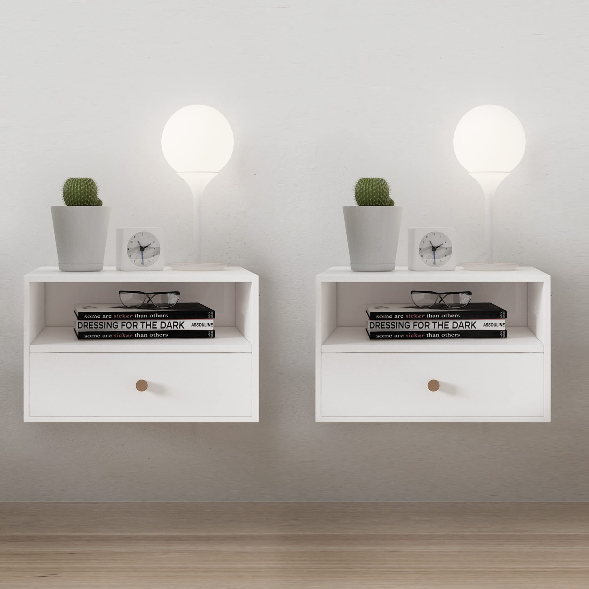 Modern Floating Nightstand with Drawer - White Wall Mounted Shelf for Bedroom & Living Room - Space Saving Storage Solution for Small Spaces