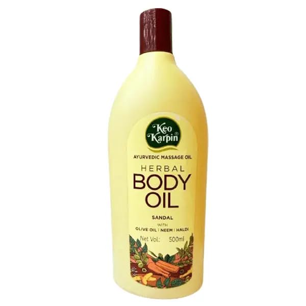 Keo Karpin Ayurvedic Body Oil - Non-Sticky Sandalwood Scented Herbal Massage Oil with Olive Oil, Neem & Turmeric | 500ml | Moisturizing & Relaxing for Dry Skin & Aromatherapy