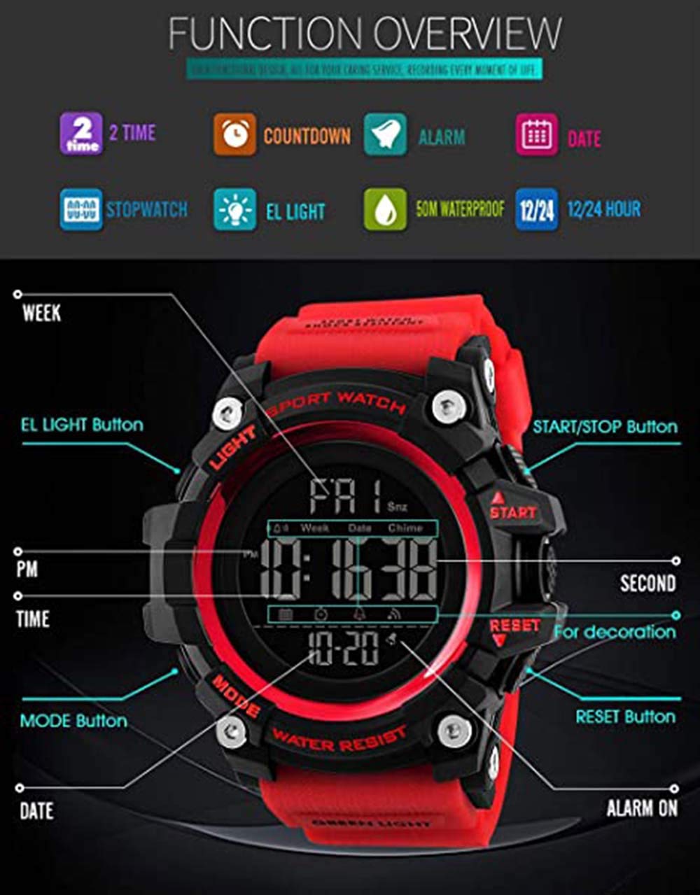 Gosasa Men's Sports Watch - Waterproof Digital LED Stopwatch with Countdown, 12/24 Hour Time Display, Multifunctional Wristwatch for Running, Gym & Outdoor Activities (Black)