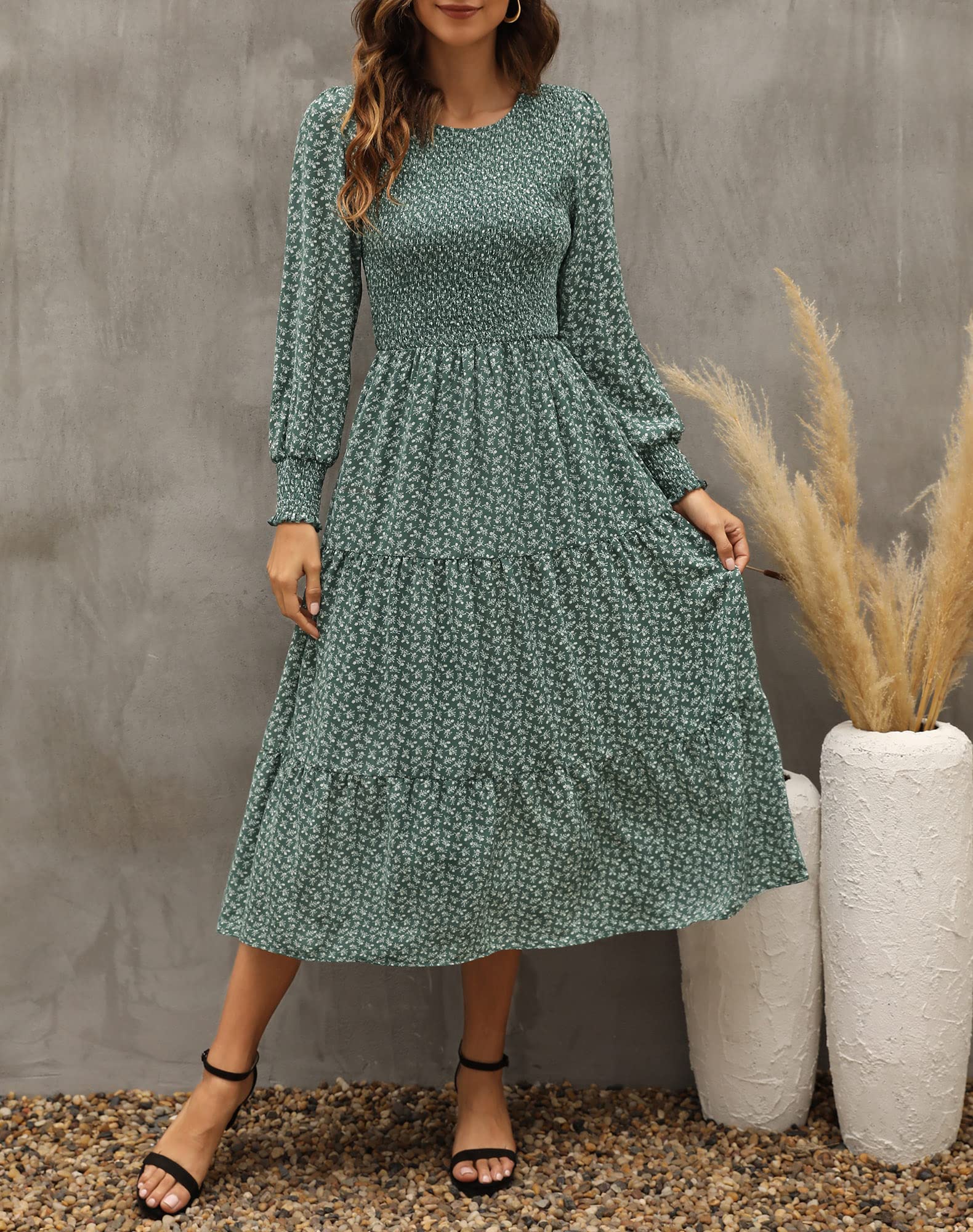 Zattcas Women's Fall Dresses 2025 - Casual Long Sleeve Boho Floral Midi Dress with Smocked Waist & Pockets | Perfect for Wedding Guest, Date Night & Autumn Outfits