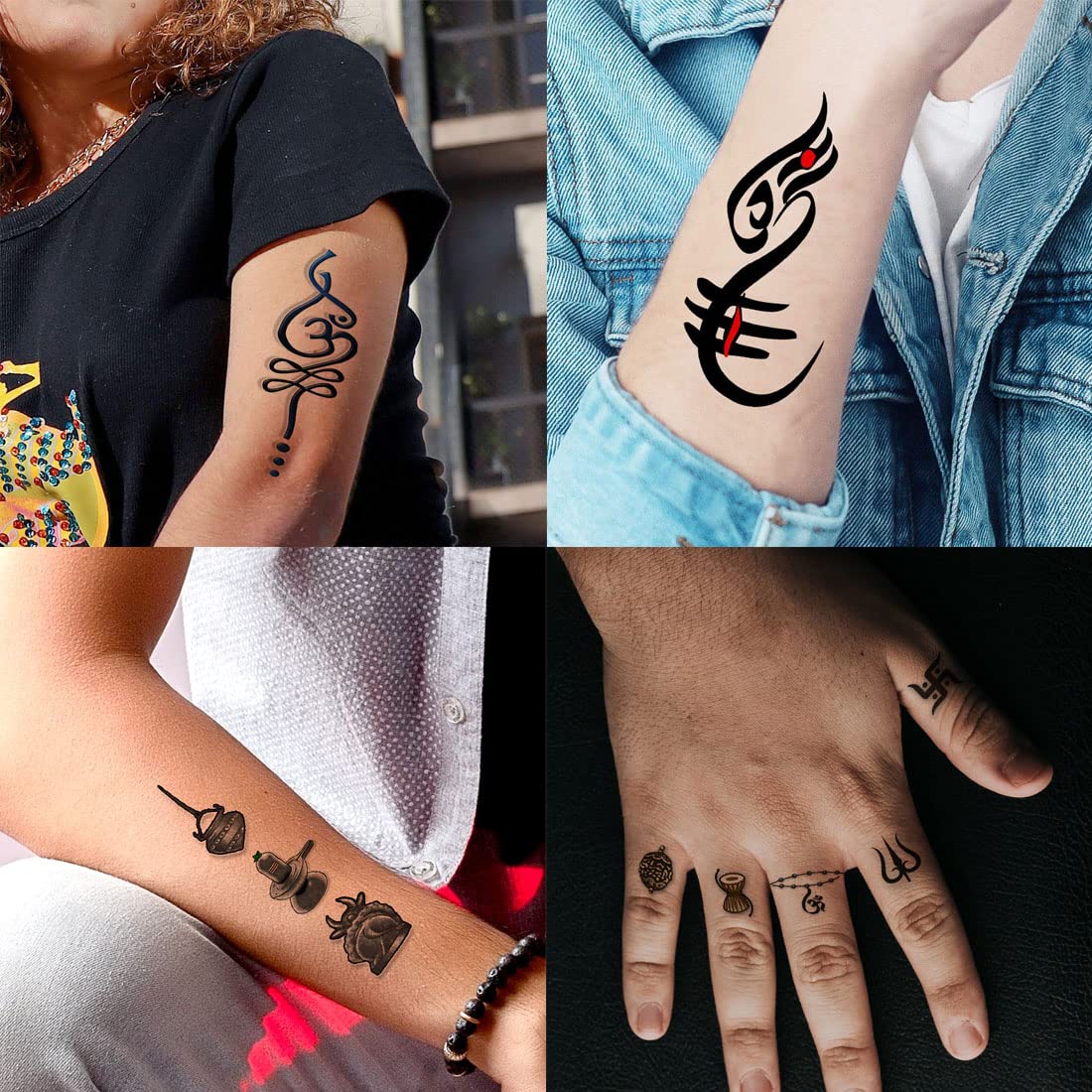 Om Tribal with Shivling Design Temporary Tattoos - Pack of 4 Waterproof Body Art Stickers for Men & Women (2x4 Inch) - Perfect for Festivals, Yoga, Spiritual Events & Body Decoration
