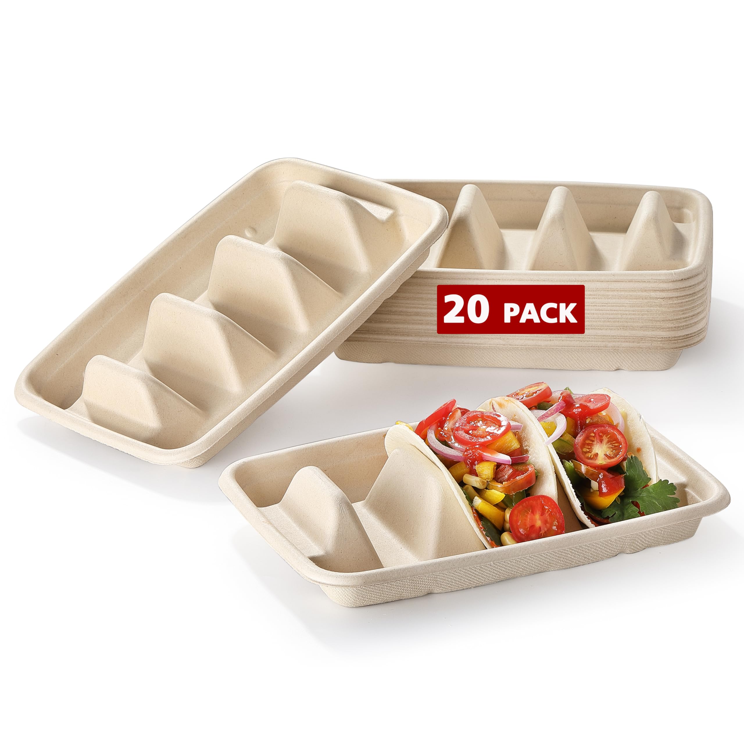 20-Pack Disposable Taco Holders with Dividers - COKUMA Taco Serving Stand for 3 Tacos | Perfect for Taco Tuesday Parties, Mexican Fiesta & Family Gatherings