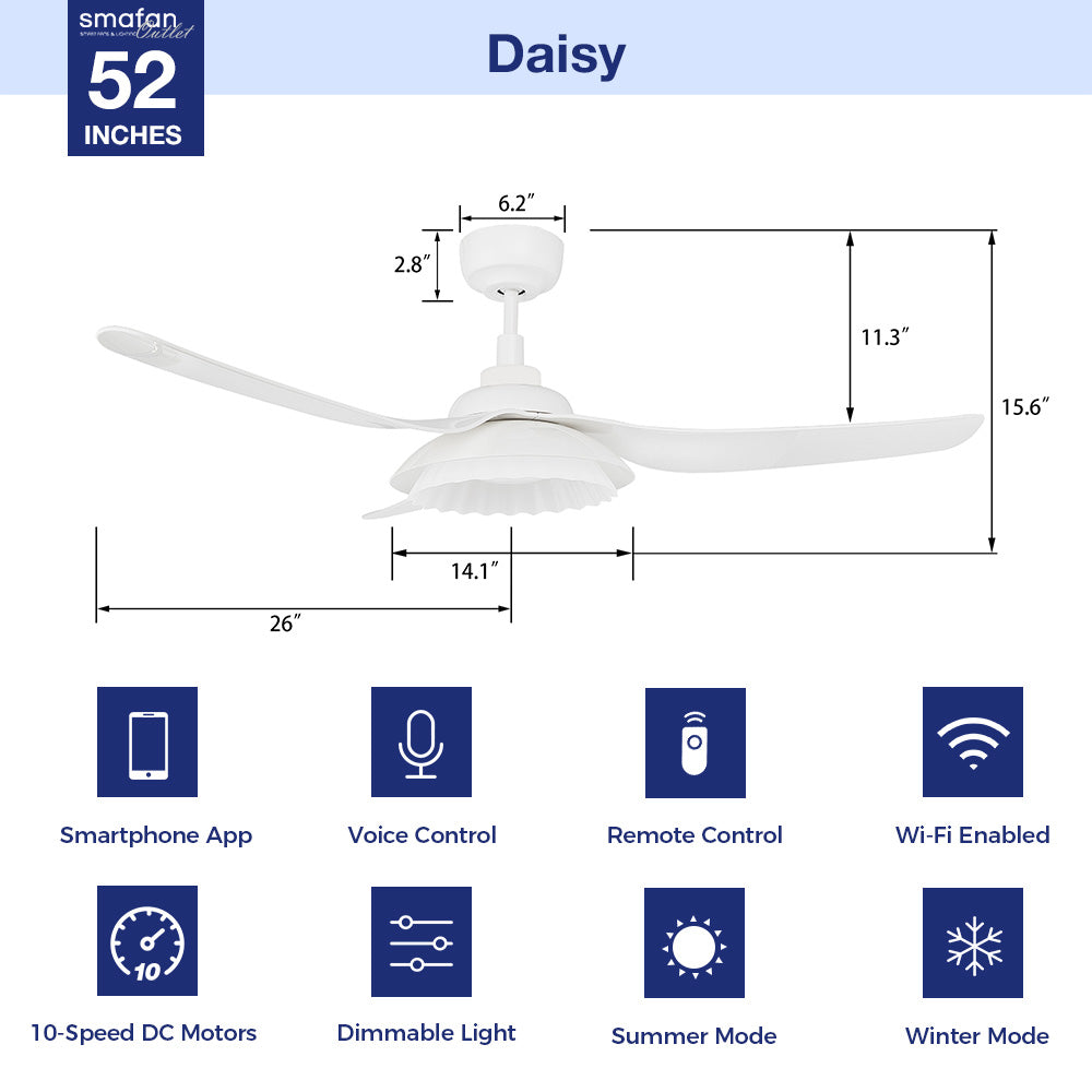 52 Inch Daisy Smart White Ceiling Fan with LED Light & Remote Control - Perfect for Bedroom, Living Room & Home Office (WiFi Enabled, Energy Efficient)