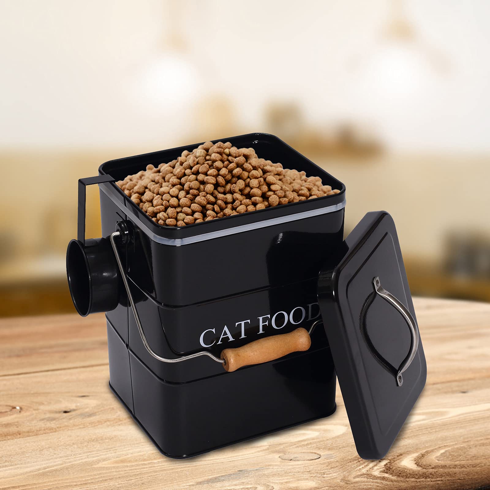 Cat Food Storage Container with Lid & Scoop - Airtight Farmhouse Cat Food Bin for Kitchen Countertop, Shelf, or Home Decor - Black - Ideal for Dry Kibble Storage & Pet Food Organization