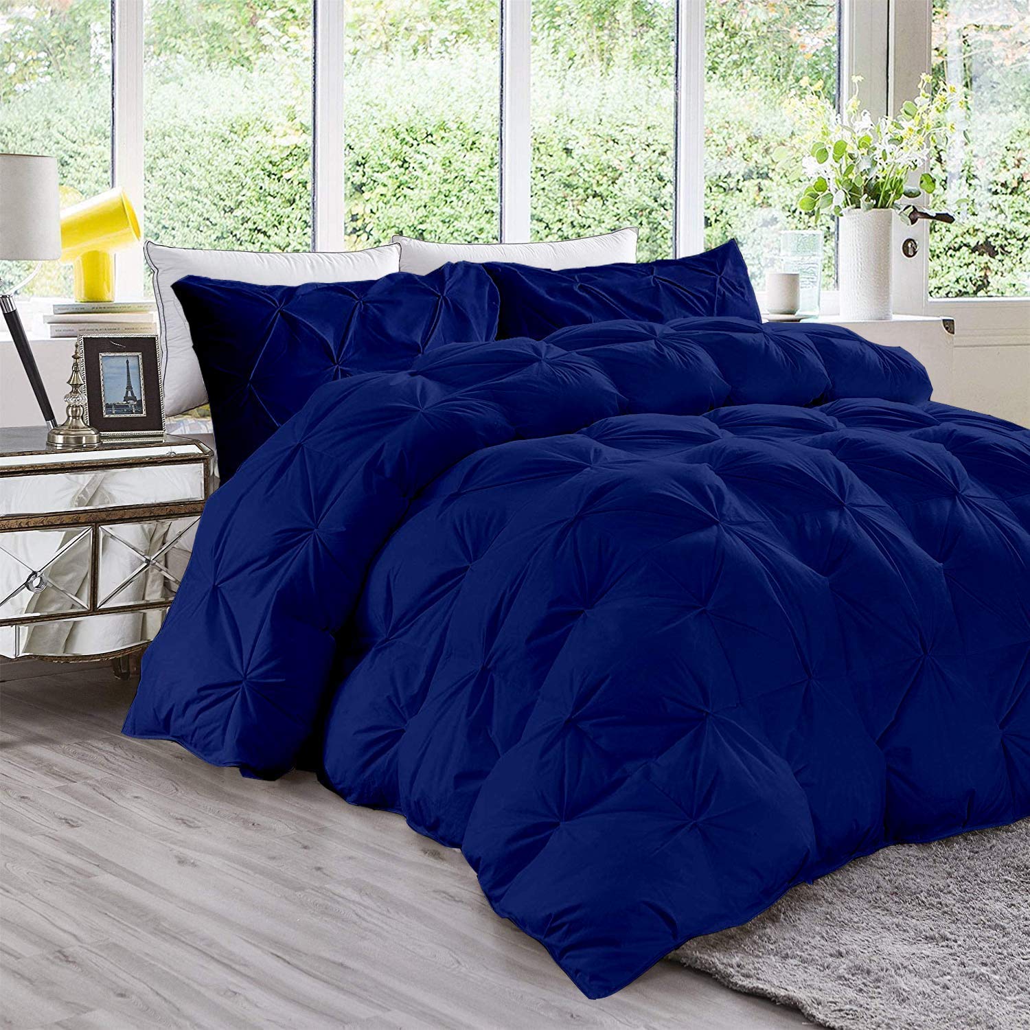 Luxury Pinch Pleated California Queen Size Down Alternative Quilted Comforter Set - 600 GSM Microfiber Fill, All-Season, Machine Washable, Royal Blue - Perfect for Master Bedroom, Guest Room & Hotel Decor