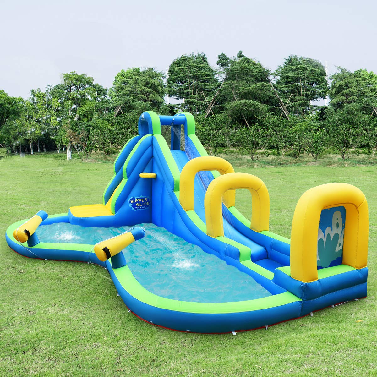 OLAKIDS Inflatable Water Slide & Bounce House - Outdoor Water Park with Climbing Wall, Splash Pool, Basketball Hoop & 2 Water Guns | Includes Carrying Bag, Repair Kit & Hose | Perfect for Backyard Parties, Summer Fun & Kids Birthday Celebrations