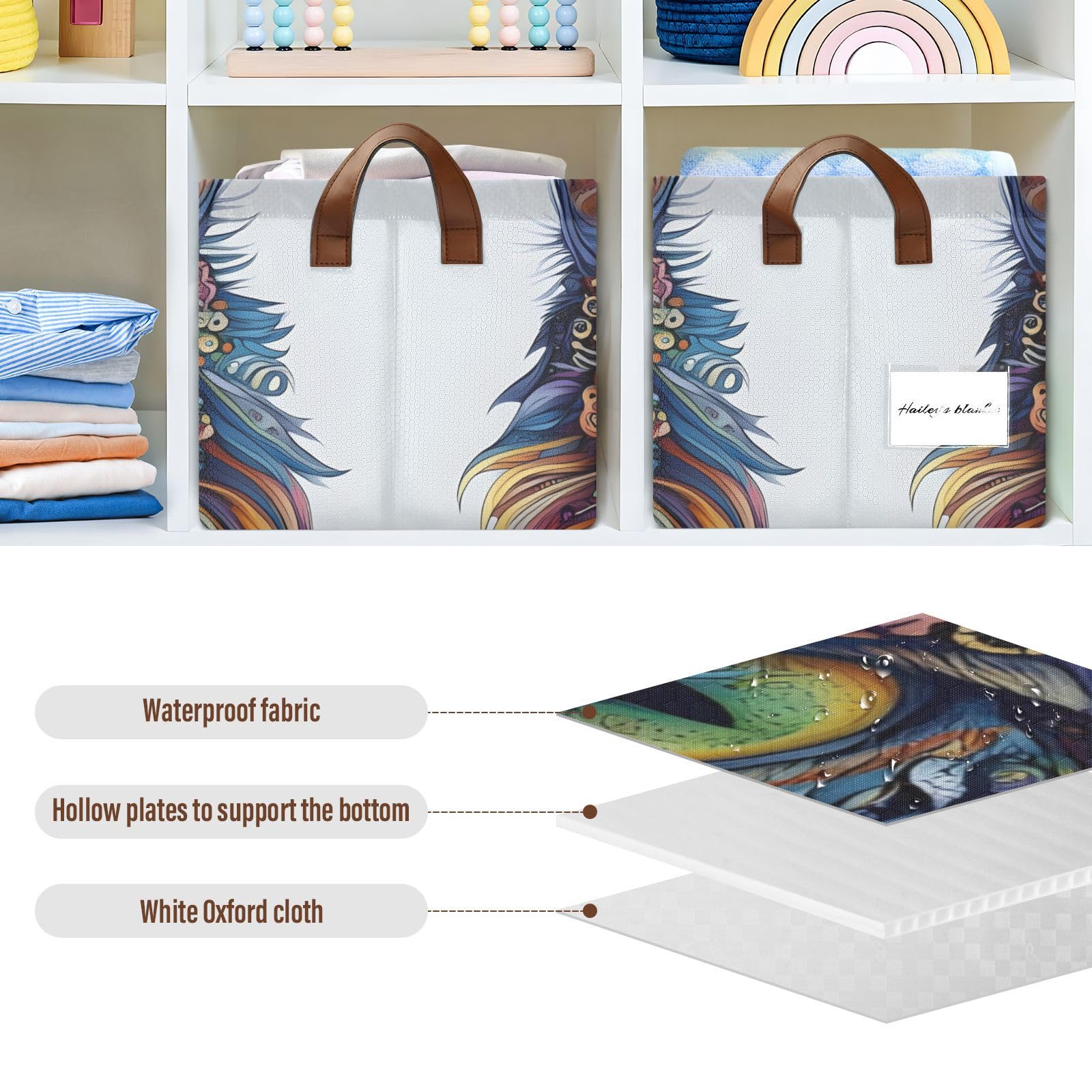 2-Pack Foldable Storage Cubes with Tribal Cat Print - 16.9×11.4×7.7 Inch Water Resistant Fabric Storage Bins with Steel Frame for Closet, Shelf & Home Organization - Perfect for Bedroom, Nursery & Office Storage Solutions