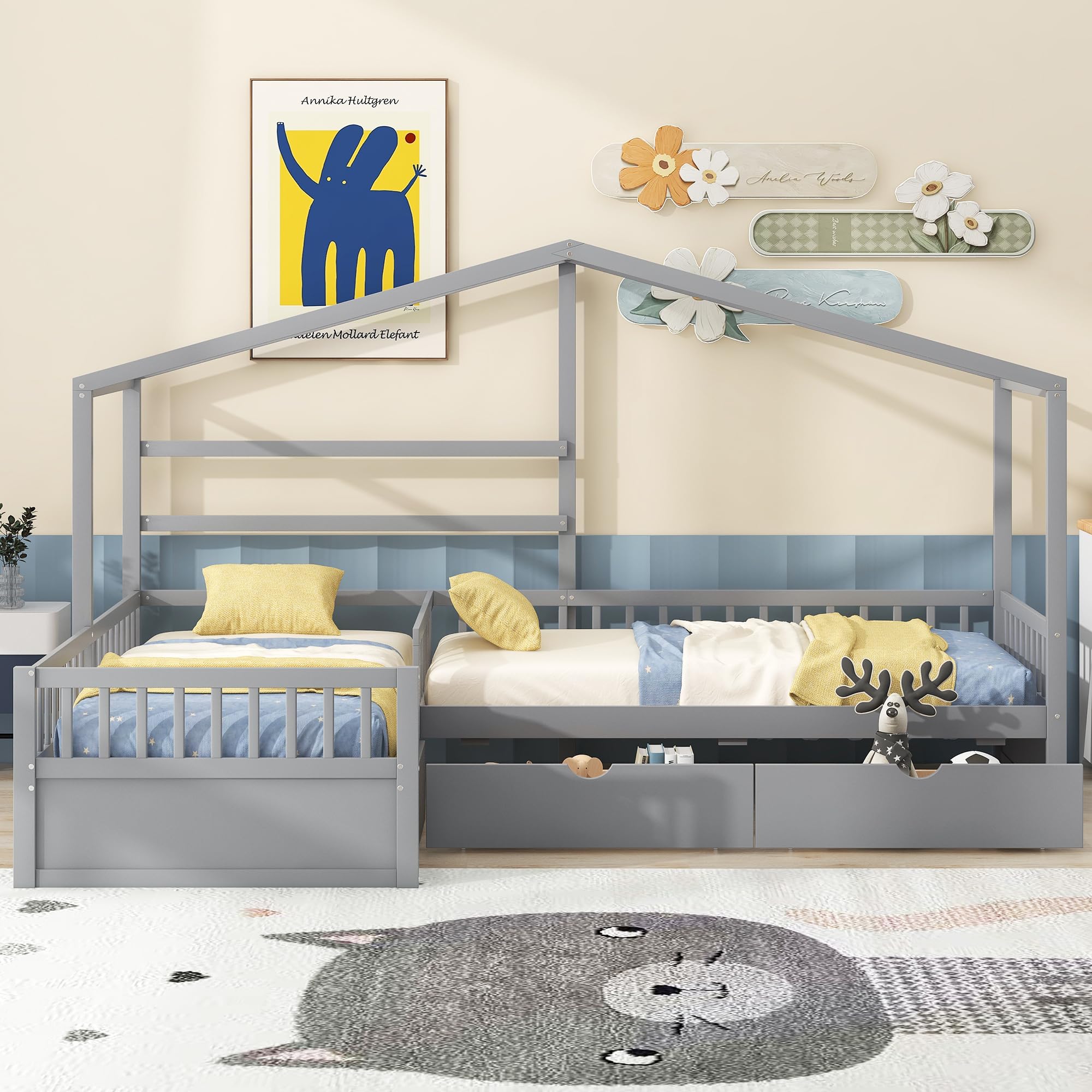 P PURLOVE L-Shaped Twin Wooden House Platform Bed Frame with 3 Storage Drawers & Guardrail - No Box Spring Needed, Gray - Perfect for Small Bedrooms, Kids Rooms & Space-Saving Storage Solutions