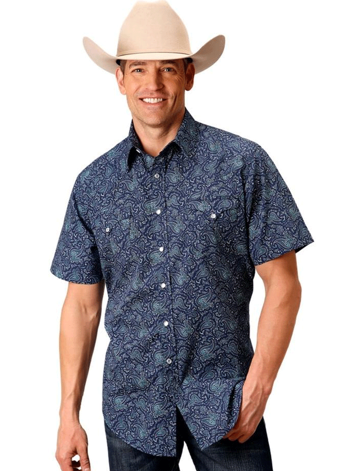 Roper Men's Short Sleeve Paisley Print Casual Shirt in Blue - Perfect for Summer Outings, Country Music Festivals & Western Style Fashion