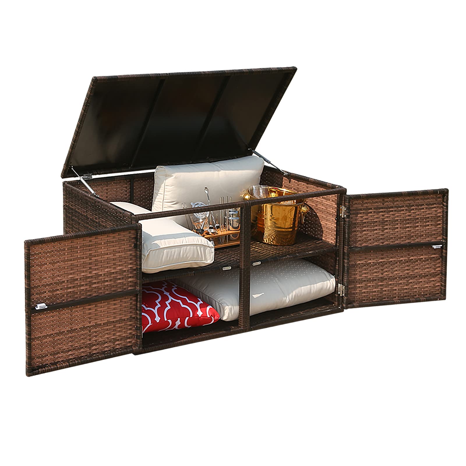 110 Gallon Waterproof Rattan Deck Box with Lid & Storage Shelf - Outdoor Wicker Patio Storage Cabinet for Garden, Yard, Porch - Double Door Design for Cushions, Toys & Tools (Brown) | Perfect for Storing Outdoor Furniture Cushions, Pool Accessories & Seasonal Decor