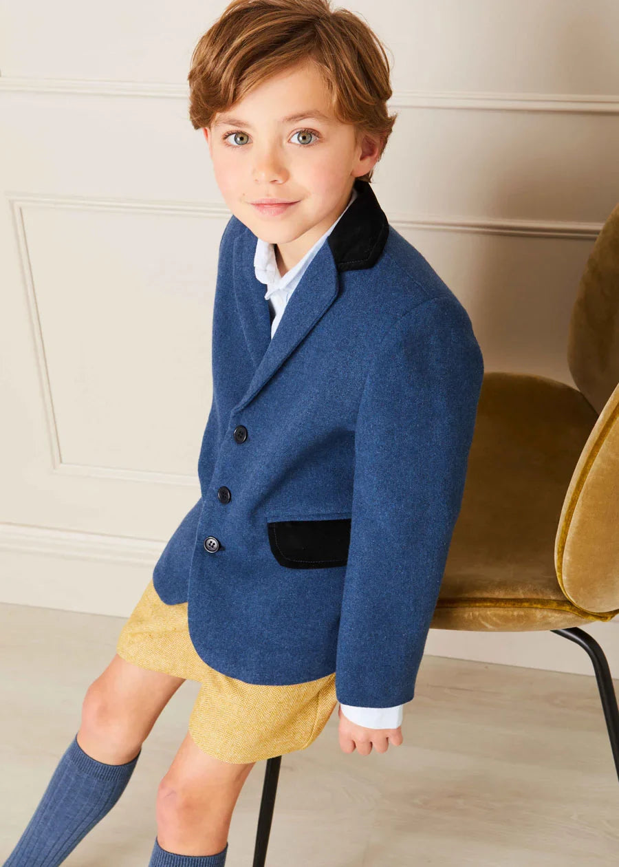 Blue Wool and Velvet Blazer for Men - Stylish Winter Formal Jacket for Office, Wedding & Business Events