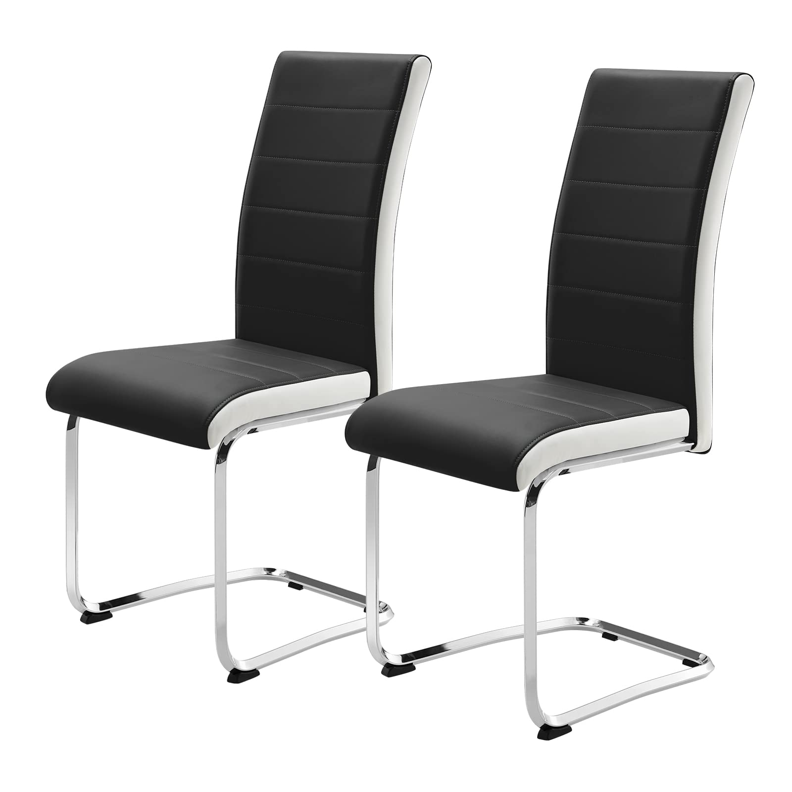 Modern Leather Dining Chairs Set of 2 - Chrome Metal Frame Kitchen Chairs with Removable Soft Cushions - Elegant Black Dining Room Chairs for Home, Restaurant, Cafe & Office Use